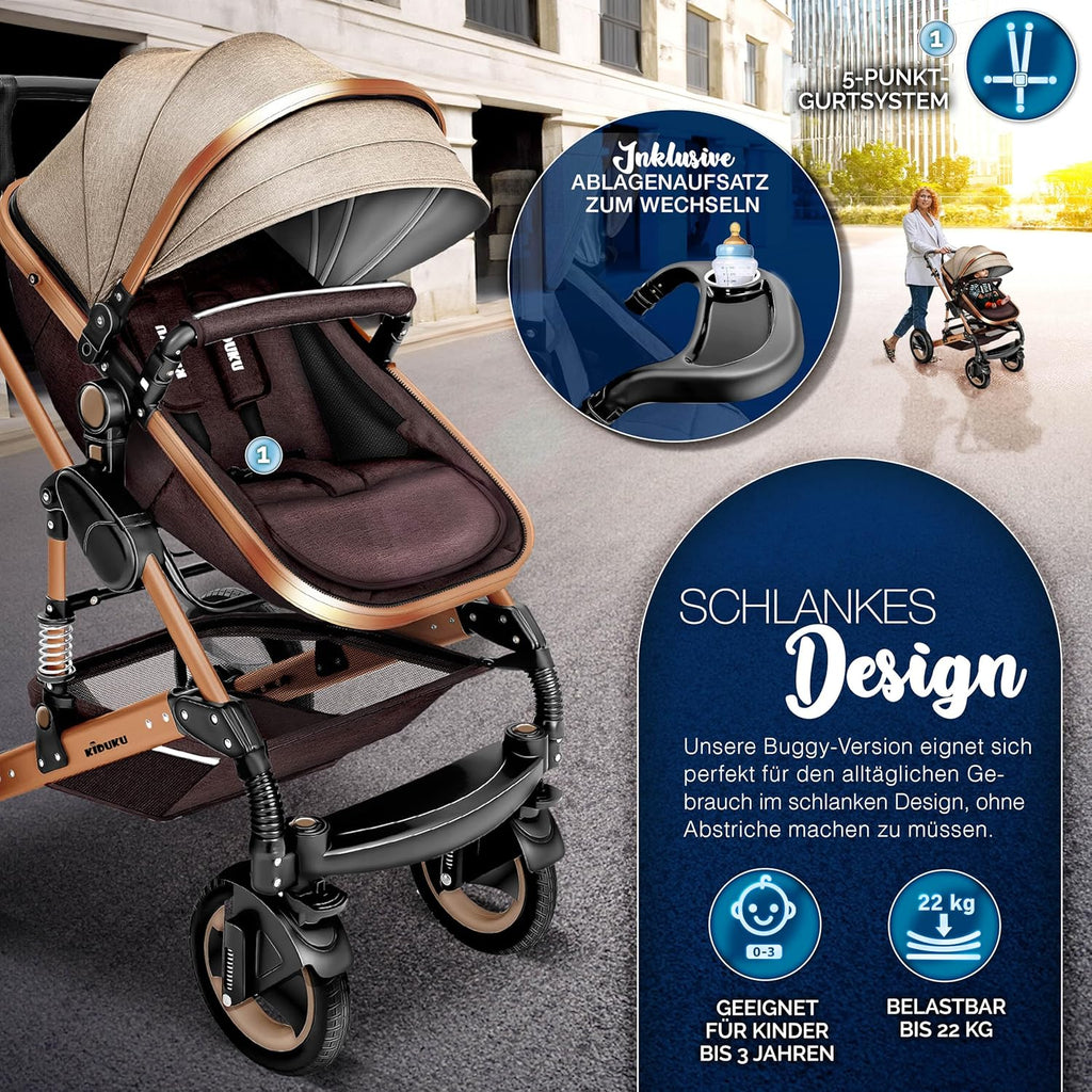 KIDUKU® Set completo passeggino 3 in 1 | Set passeggino combinato con navicella e sedile sportivo passeggino e seggiolino auto ovetto sacco a pelo | Ruote in gomma piena borsa per il cambio scaldamani parapioggia tavolino ECE R129