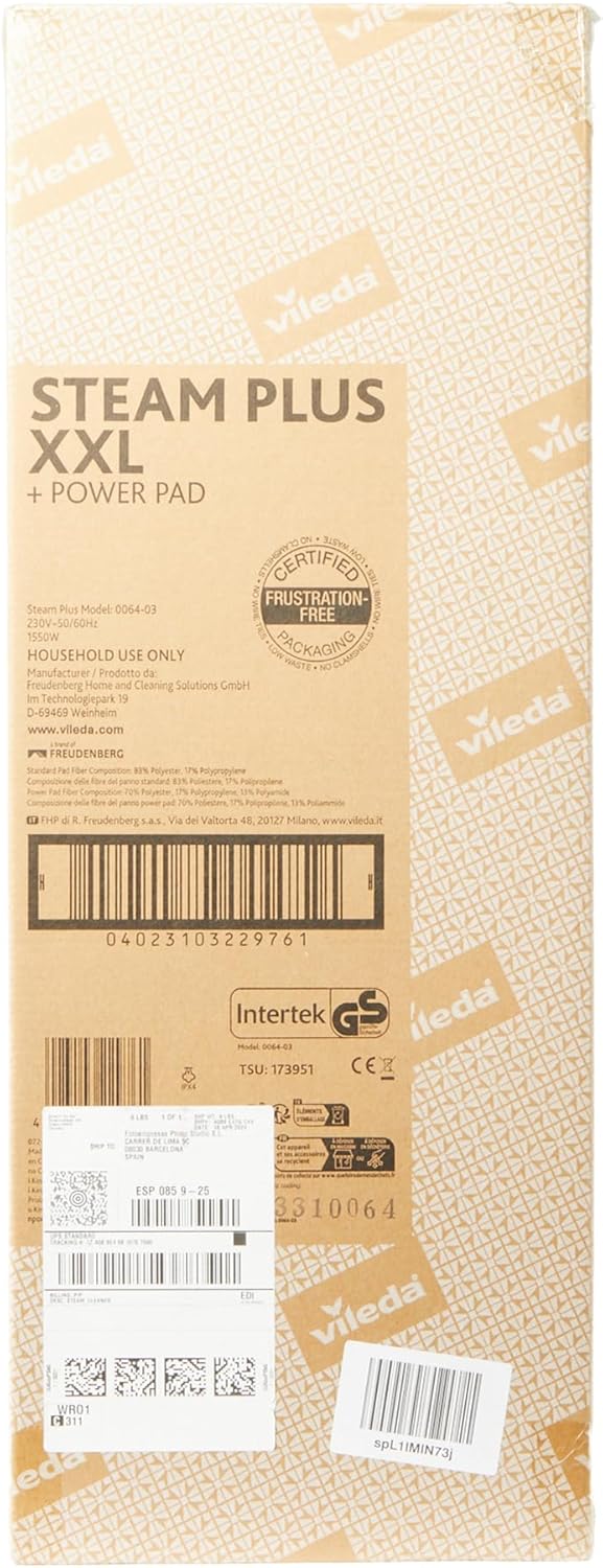 Vileda Steam Plus XXL Dampfreiniger mit PowerPad, hygienische Bodenreinigung von groen Flchen, entfernt bis zu 99,9% der Bakterien und Viren, für alle Bden, Eco-Verpackung