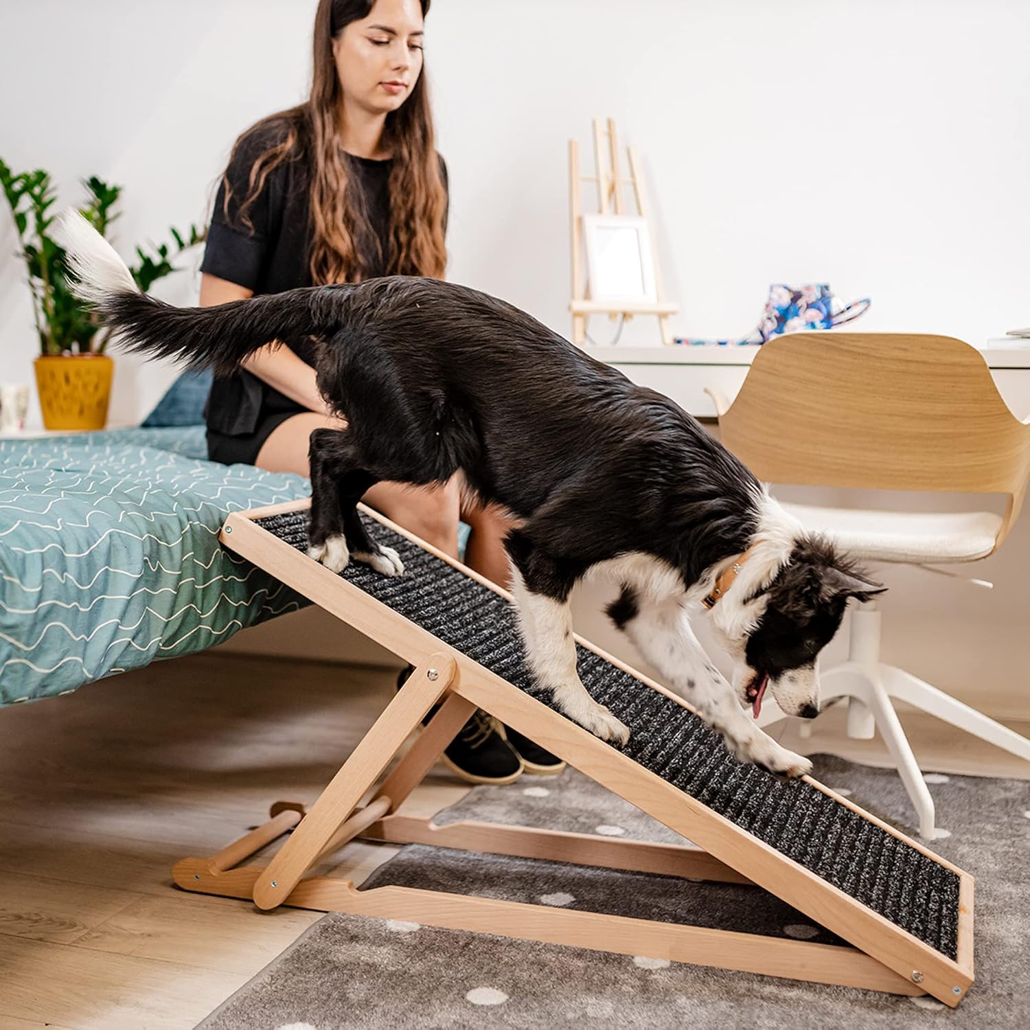 Holtaz Rampa per Cani Rampa per Gatti Scaletta per Cani per Letto o Divano Pieghevole in Legno Petwalk Scala per Cani Rampa di Carico per Animali Domestici con Inserto Antiscivolo Naturale