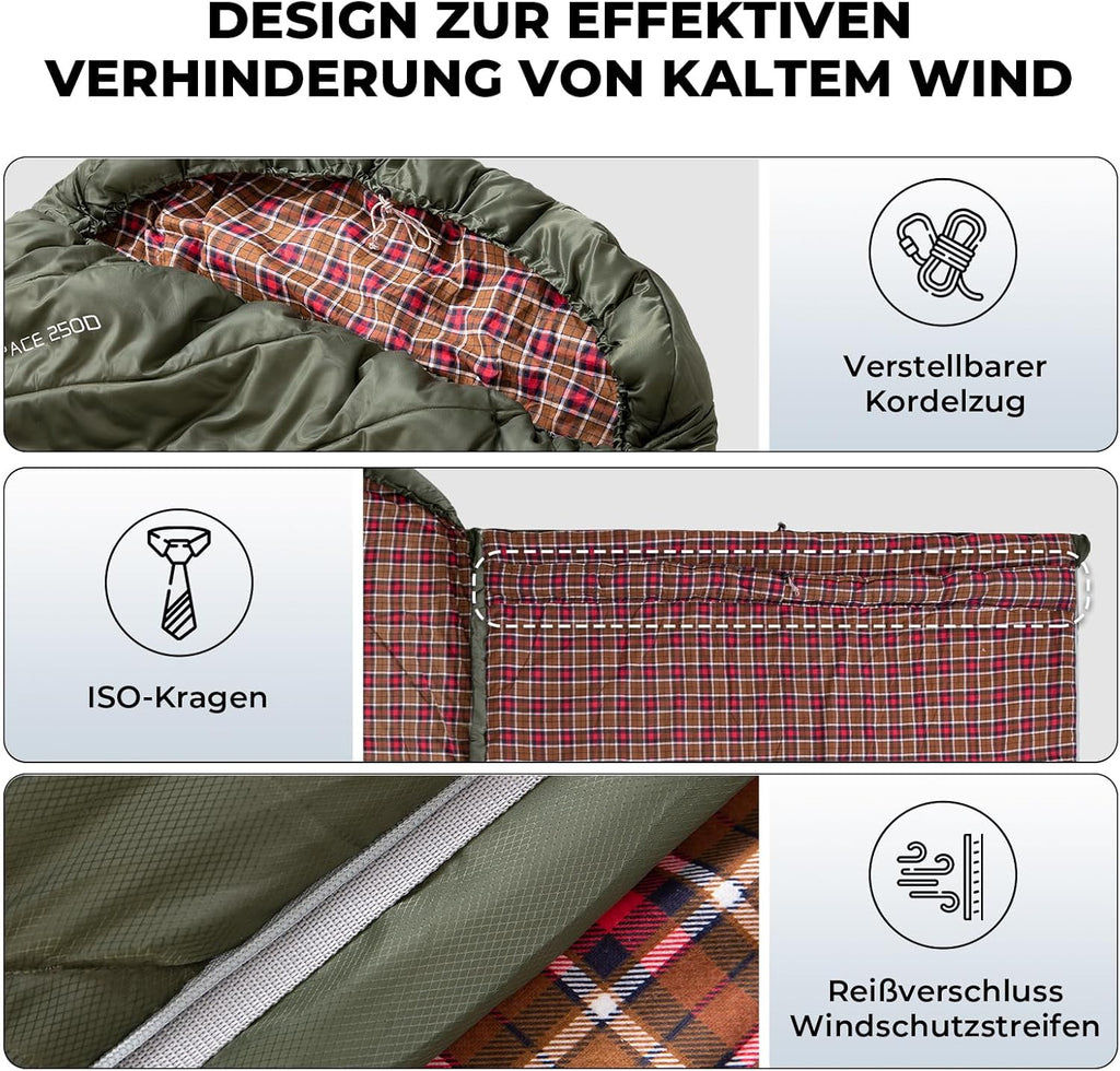 KingCamp Doppelschlafsack Flanell, Schlafsack 2 Personen, Schlafsack 3-4 Jahreszeiten, wasserfest, warm und komfortabel, verpackbar Schlafsack Outdoor