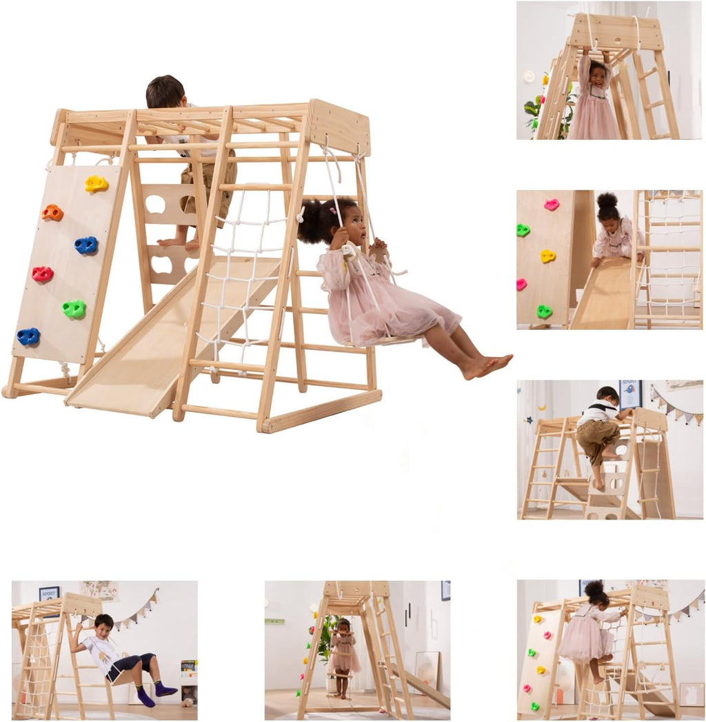 Struttura da arrampicata per fagiolo gigante Indoor, Parco giochi interno di medie dimensioni, Struttura da arrampicata per bambini da 2 a 5 anni, Giocattolo da arrampicata 8 in 1 per bambini con scivolo, parete da arrampicata, corda da arrampicata