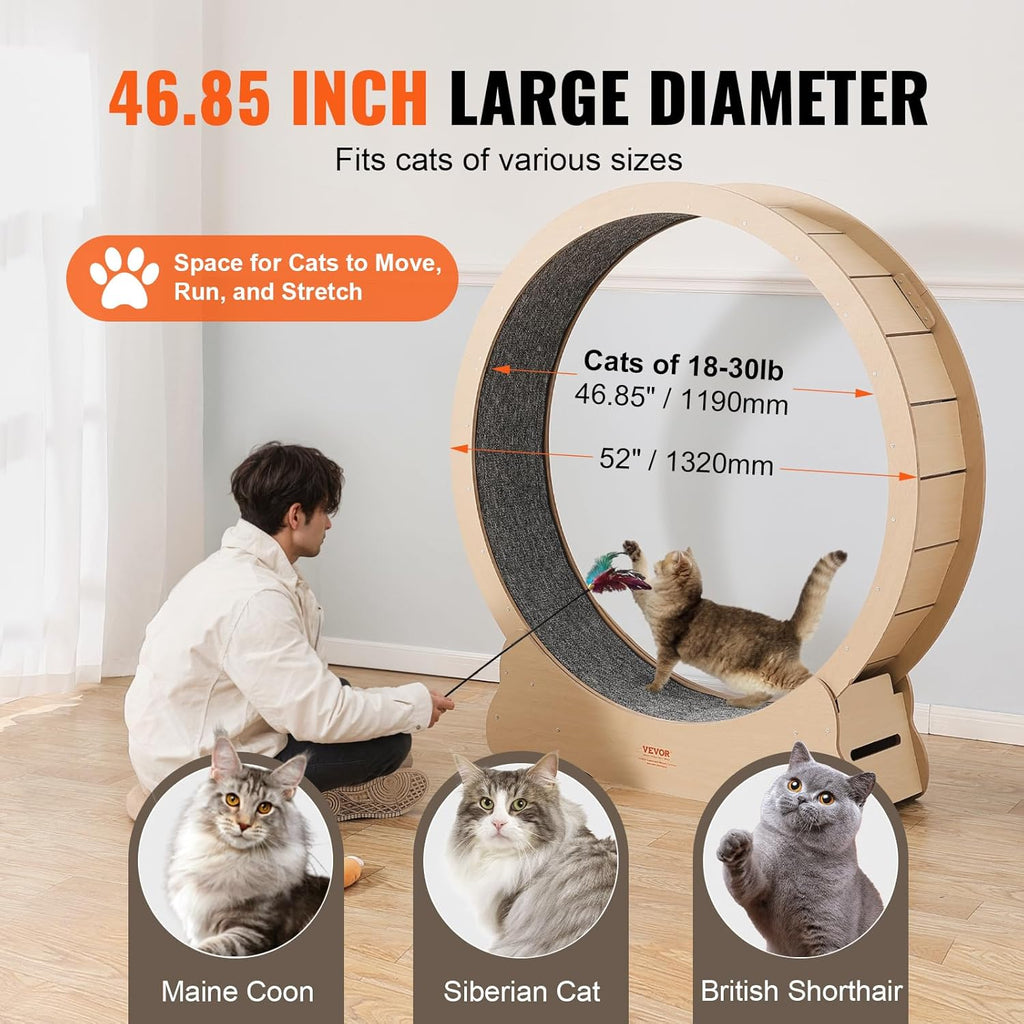 VEVOR Ruota Esercizio per Gatti in Legno, Tapis Roulant per Gatti da Interno da 132 cm, Ruota per Gatti con Moquette Rimovibile e Bacchetta Giocattolo per Gatti per Corsa/Camminata/Esercizio, Adatta per la Maggior Parte dei Gatti Fino a 13 kg