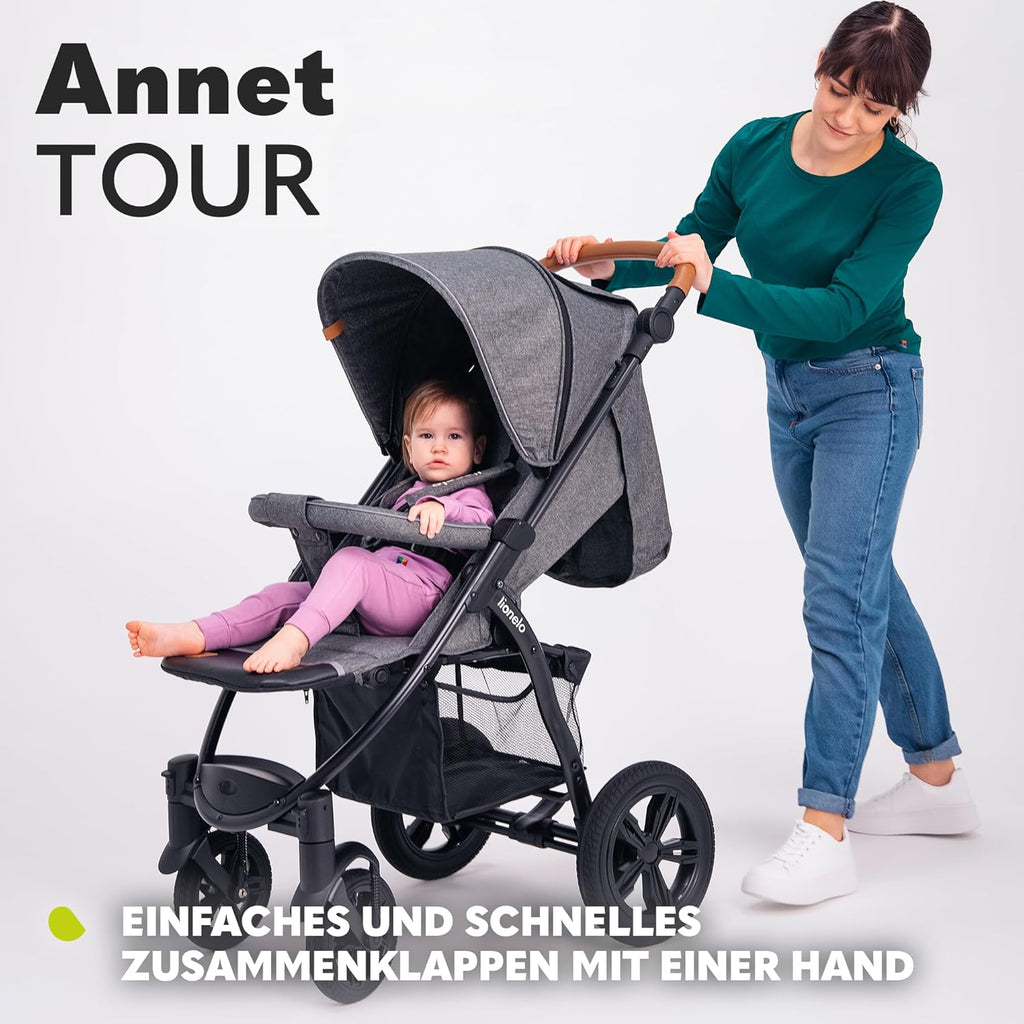 LIONELO Annet Buggy fino a 22 kg con funzione reclinabile, passeggino compatto richiudibile con accessori, ruote in schiuma EVA, zanzariera, coprigambe, portabevande, cestino (Golden Moments, Tour)