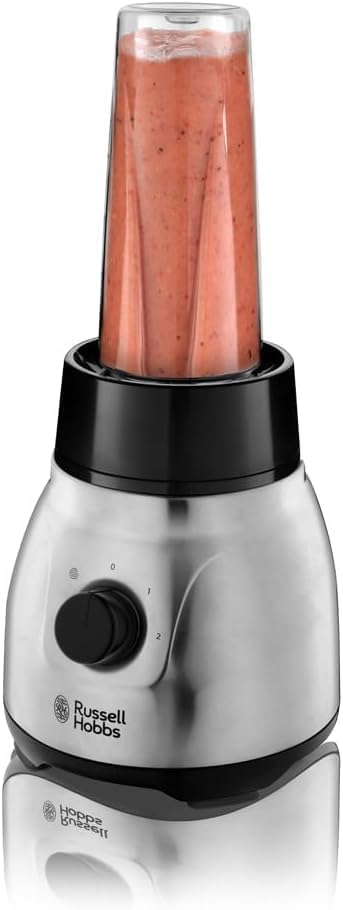 Russell Hobbs Frullatore 2-in-1 [Frullatore con caraffa in vetro da 1,5 l e mini frullatore da 0,6 l con borraccia to-go con coperchio] Lavabile in lavastoviglie, Funzione Pulse/Tritaghiaccio, Bicchieri senza BPA, Acciaio inox 23821-56
