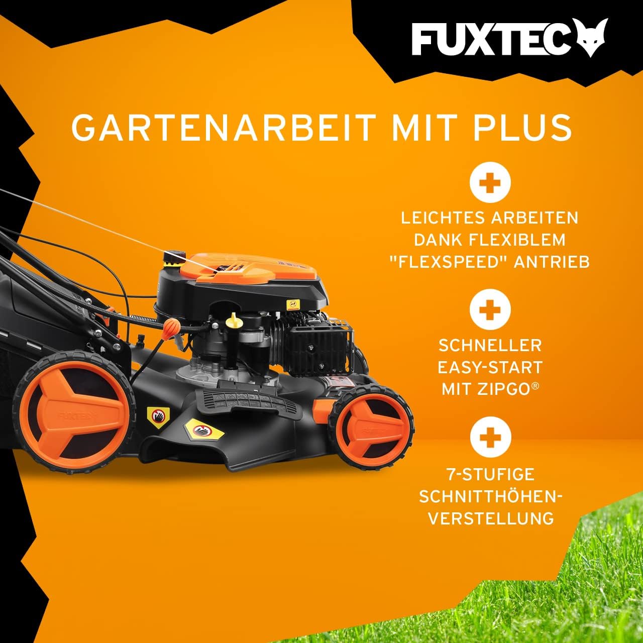 FUXTEC Tosaerba a Benzina 4in1 FX-RM5196eSPRO con Avviamento Elettrico e Trazione Regolabile, Rasaerba con Paraurti Anteriore, Larghezza di Taglio 51 cm, Ruote Big Wheel con Cuscinetti a Sfera, Cesto Raccoglierba da 60L