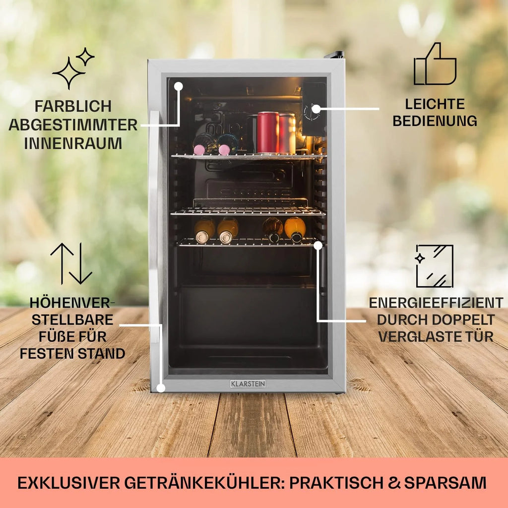 Klarstein Mini Kühlschrank mit Glastür für Zimmer, Getrnkekühlschrank mit Verstellbaren Ablagen, Kleiner 80 Liter, Indoor/Outdoor Kühlschrank Leise