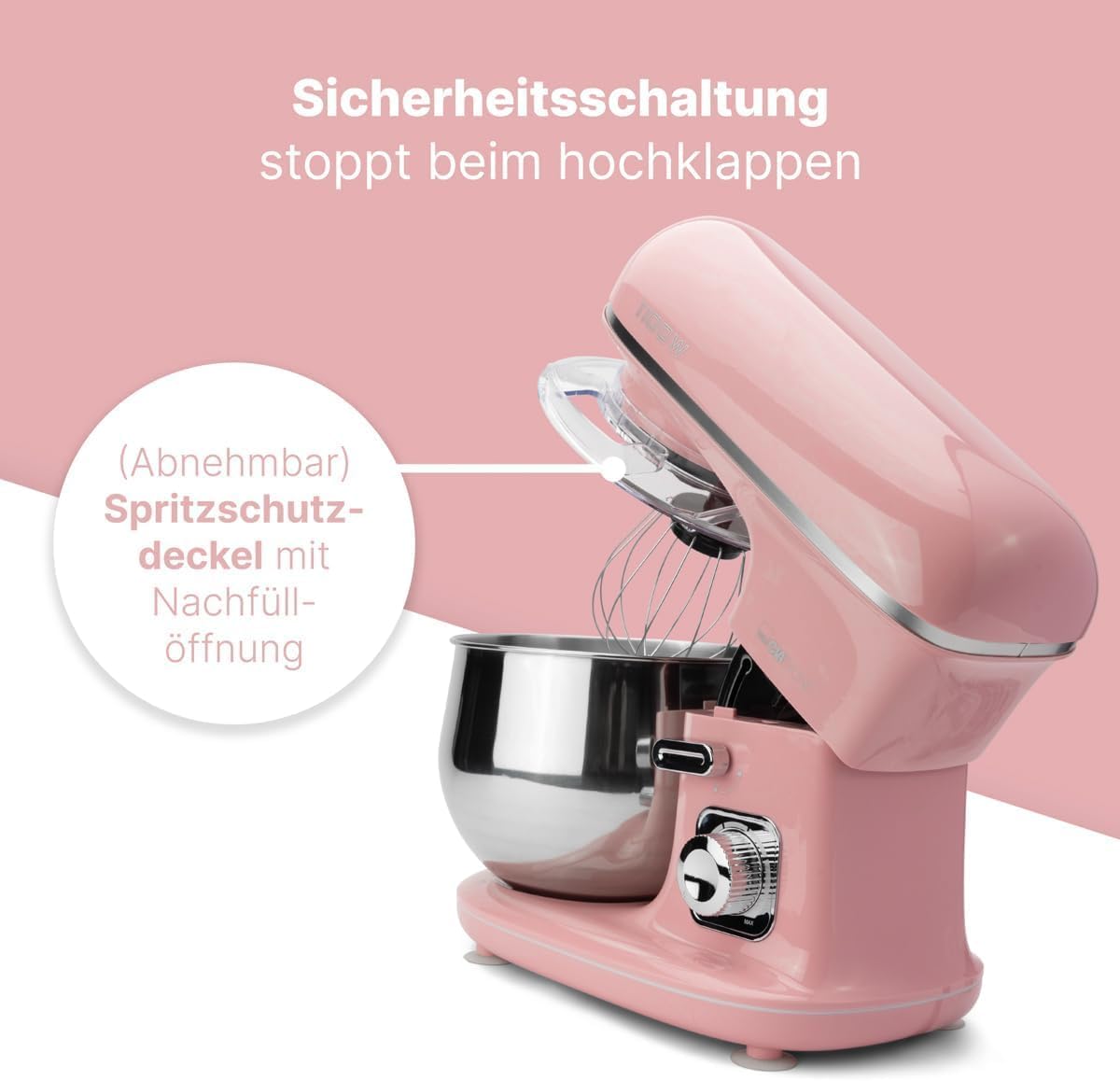 Clatronic Robot da Cucina retrò per impastare | Planetaria 5L con potente motore da 1100W | Impastatrice incluso gancio e frusta | Robot da cucina retrò con paraspruzzi e apertura di riempimento – KM 3711 rosa