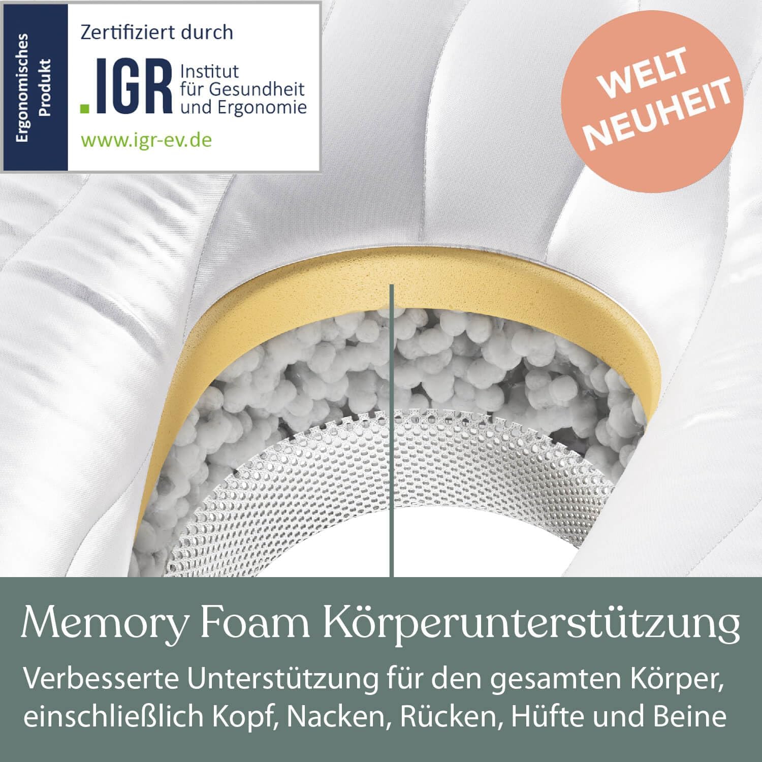 Traumreiter Visco XXL Seitenschläferkissen mit Bezug Baumwolle Graphit Grau, Hybrid Kissen + 1cm Memory Foam, U förmiges Schwangerschaftskissen Gel Body Pillow Komfortkissen Ergonomie Zertifiziert