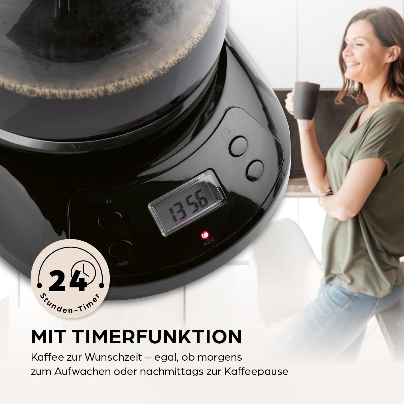 Barista Kaffeemaschine mit Mahlwerk | Filterkaffeemaschine mit Glaskanne | 900W Filtermaschine mit Touchdisplay & Timerfunktion für bis zu 10 Tassen | 1,25 Liter Kaffeekanne | Für Bohnen & Pulver
