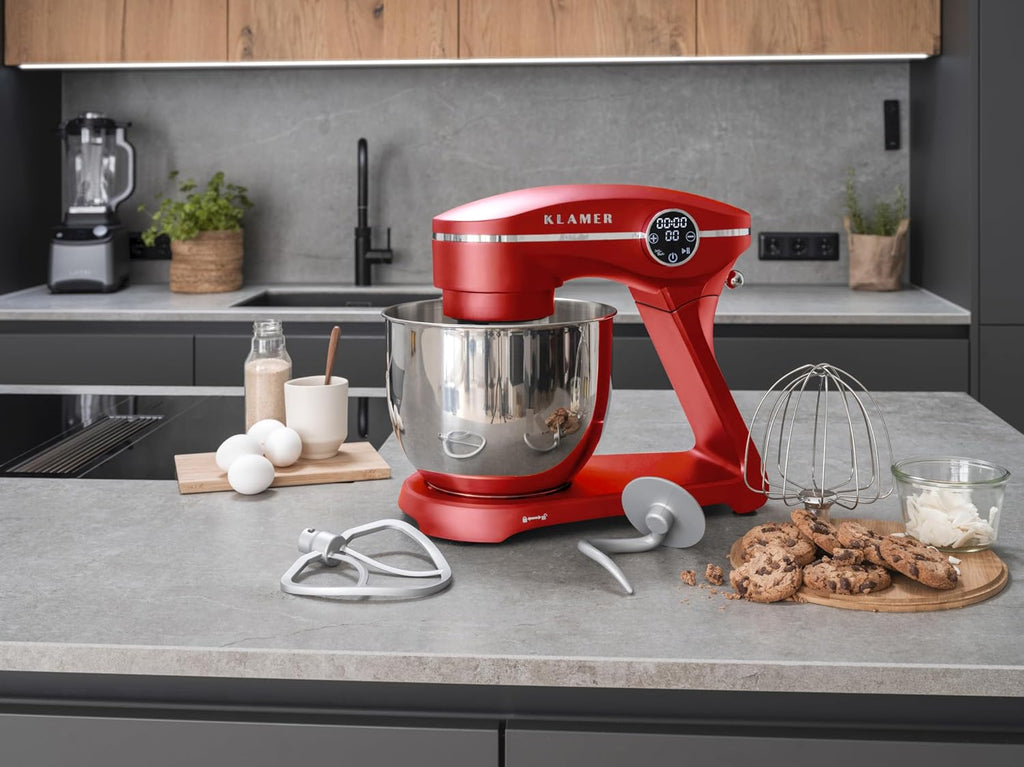 KLAMER Robot da Cucina 1800W, Impastatrice per Pane con Ciotola in Acciaio Inox da 6 L, 10 Velocità con Timer, Movimento Planetario, Frusta a Filo, Gancio Impastatore, Frusta a Palloncino e Coperchio Antischizzi (Nero)
