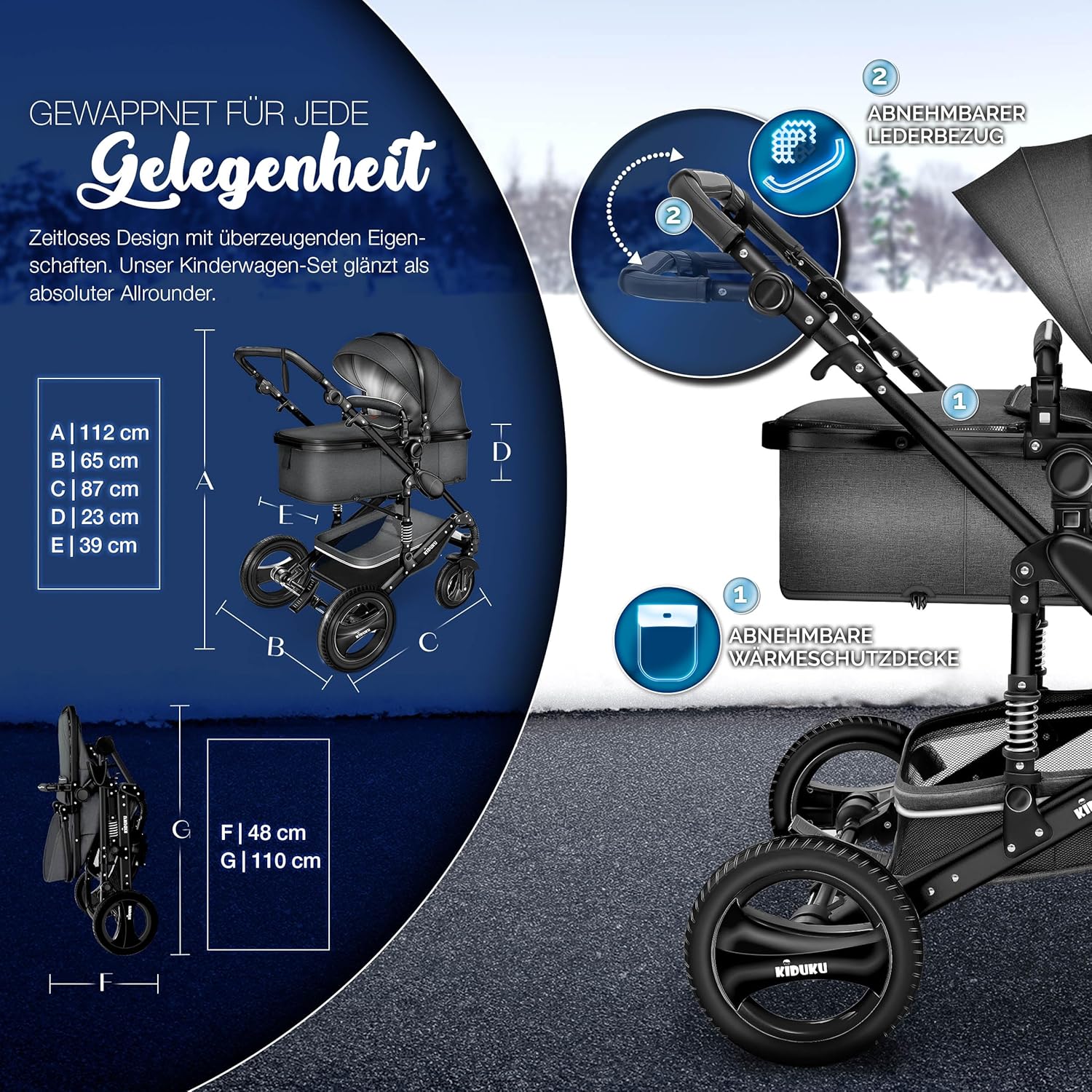 KIDUKU® Set completo passeggino 3 in 1 | Set passeggino combinato con navicella e sedile sportivo passeggino e seggiolino auto ovetto sacco a pelo | Ruote in gomma piena borsa per il cambio scaldamani parapioggia tavolino ECE R129