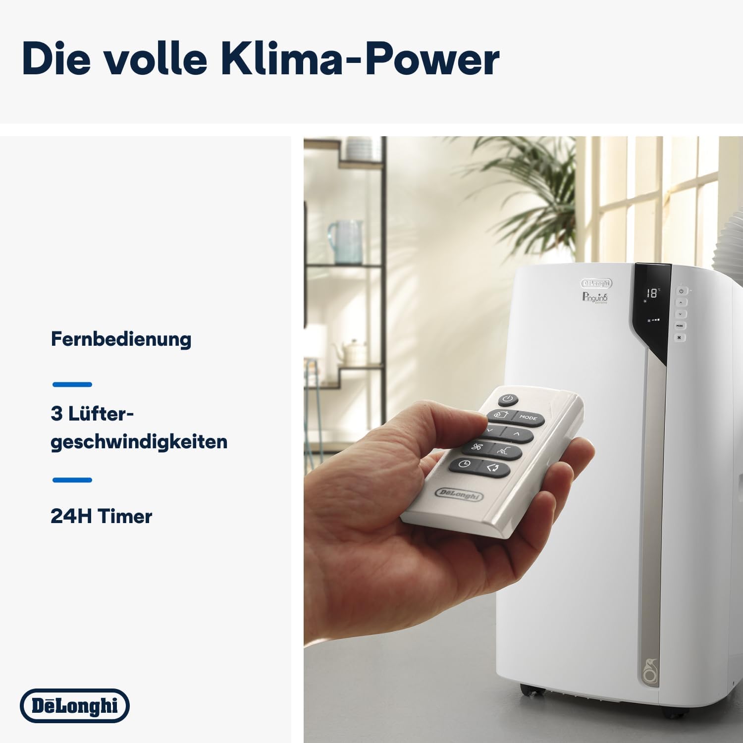 De'Longhi Pinguino PAC EM82, Condizionatore Portatile per ambienti fino a 80 m³, 9.400 BTU, 2,4 kW, 63 dB, Funzione Deumidificatore, Classe Energetica A, Timer 24h, Bianco