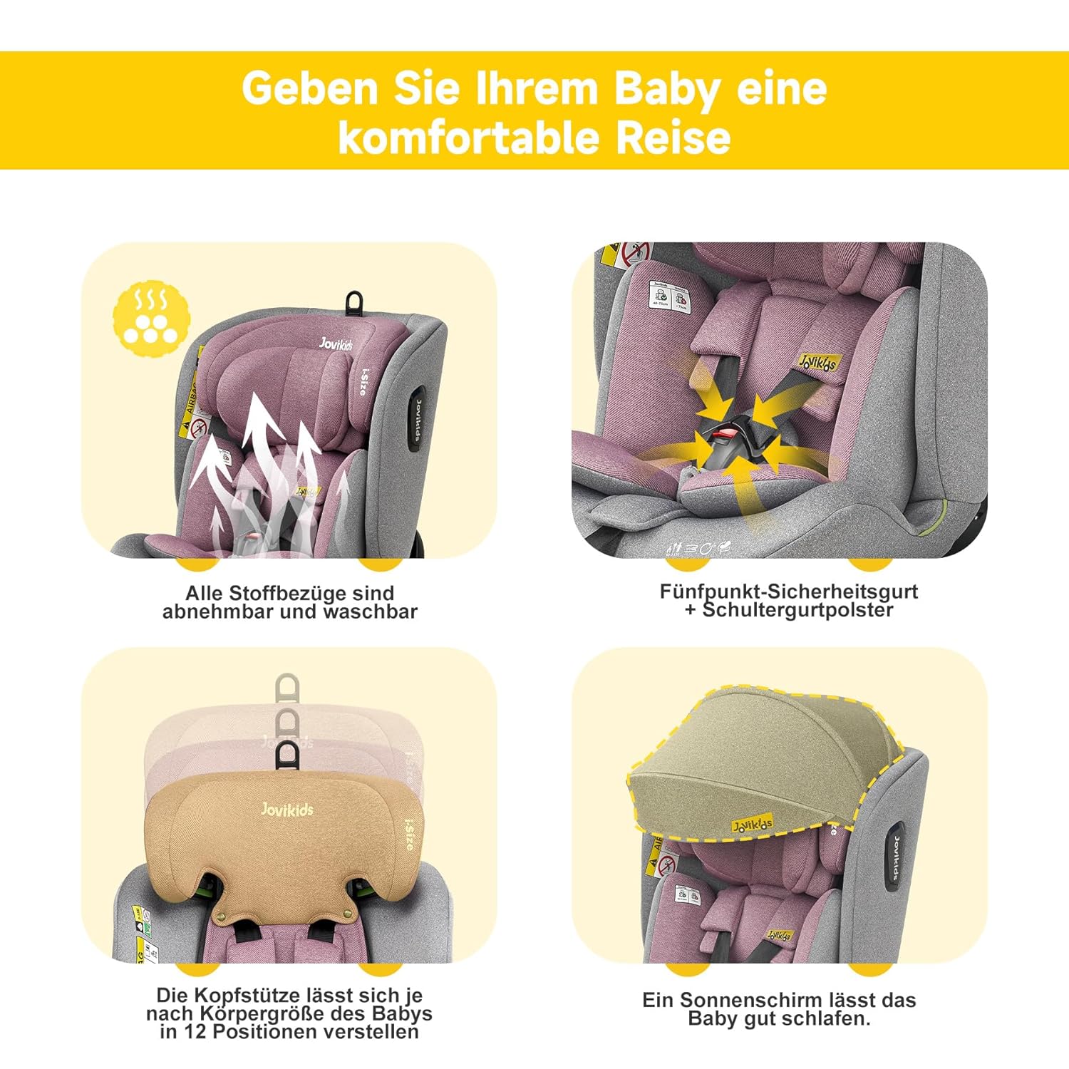 Jovikids 360° Drehbar Kindersitz mit ISOFIX, i-Size 40-150cm(ab Geburt -12 Jahre) Baby Autositz Reboarder mit Liegefunktion & Abnehmbar Vordach, ECE R129 (blau)