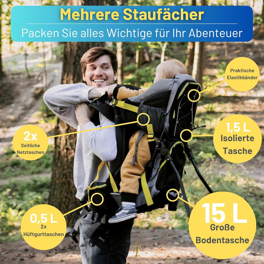 Dromader Kraxe Kindertrage bis 22kg – Kindertrage Wandern mit Sonnendach, Regenschutz, Thermotasche, Wickelmatte – Einhändig klappbare Rahmen – Blau
