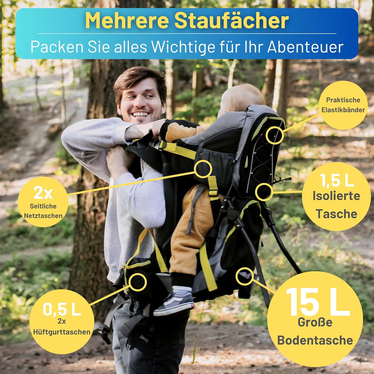 Dromader Kraxe Kindertrage bis 22kg – Kindertrage Wandern mit Sonnendach, Regenschutz, Thermotasche, Wickelmatte – Einhändig klappbare Rahmen – Blau