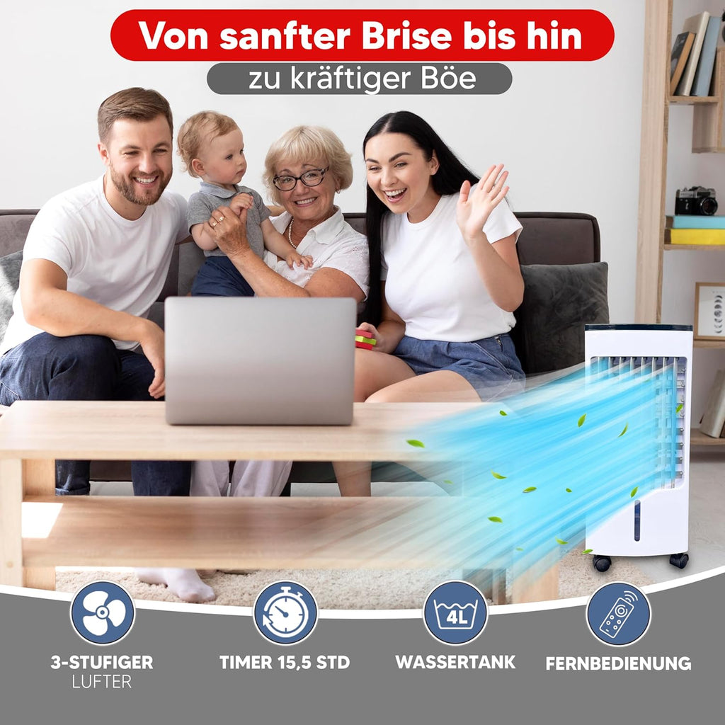 JUNG LIFEAIR Condizionatore Portatile Senza Tubo di Scarico, con Telecomando, Timer 15,5 ore, 60 dBA, 2in1 - Raffrescatore, Ionizzatore, Ventilatore Portatile con Raffreddamento ad Acqua, Climatizzatore Portatile Silenzioso