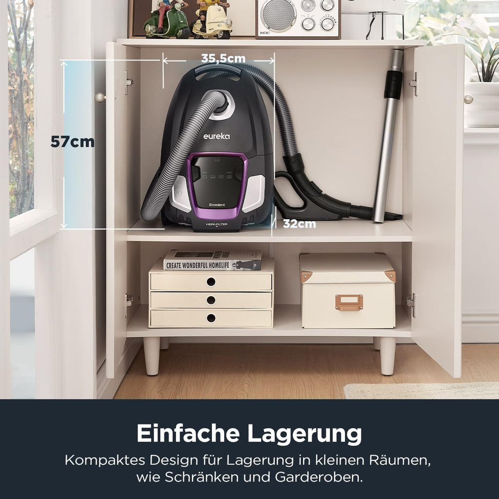 Eureka NEN300 Aspirapolvere a traino con sacco 700W, 62 dB(A) Estremamente silenzioso, Aspirapolvere potente con filtro igienico e spazzola per pavimenti duri, parquet, tappeti, piastrelle, 2L