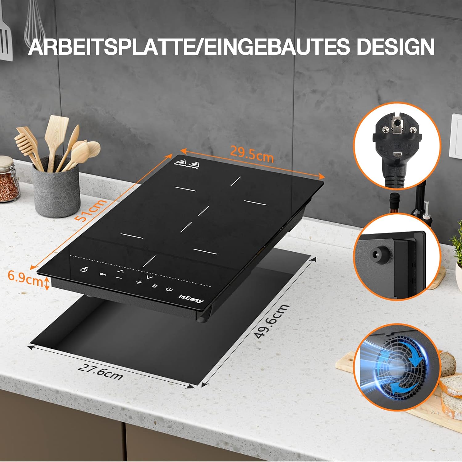 IsEasy 4 Zonen Einbau Induktionskochfeld mit 9 Leistungsstufen &1-99Min Timer, Boost-Funktion, Induktionskochplatte, Induktion Herdplatte mit 4 Platten, 60cm, 6800W, Schwarz