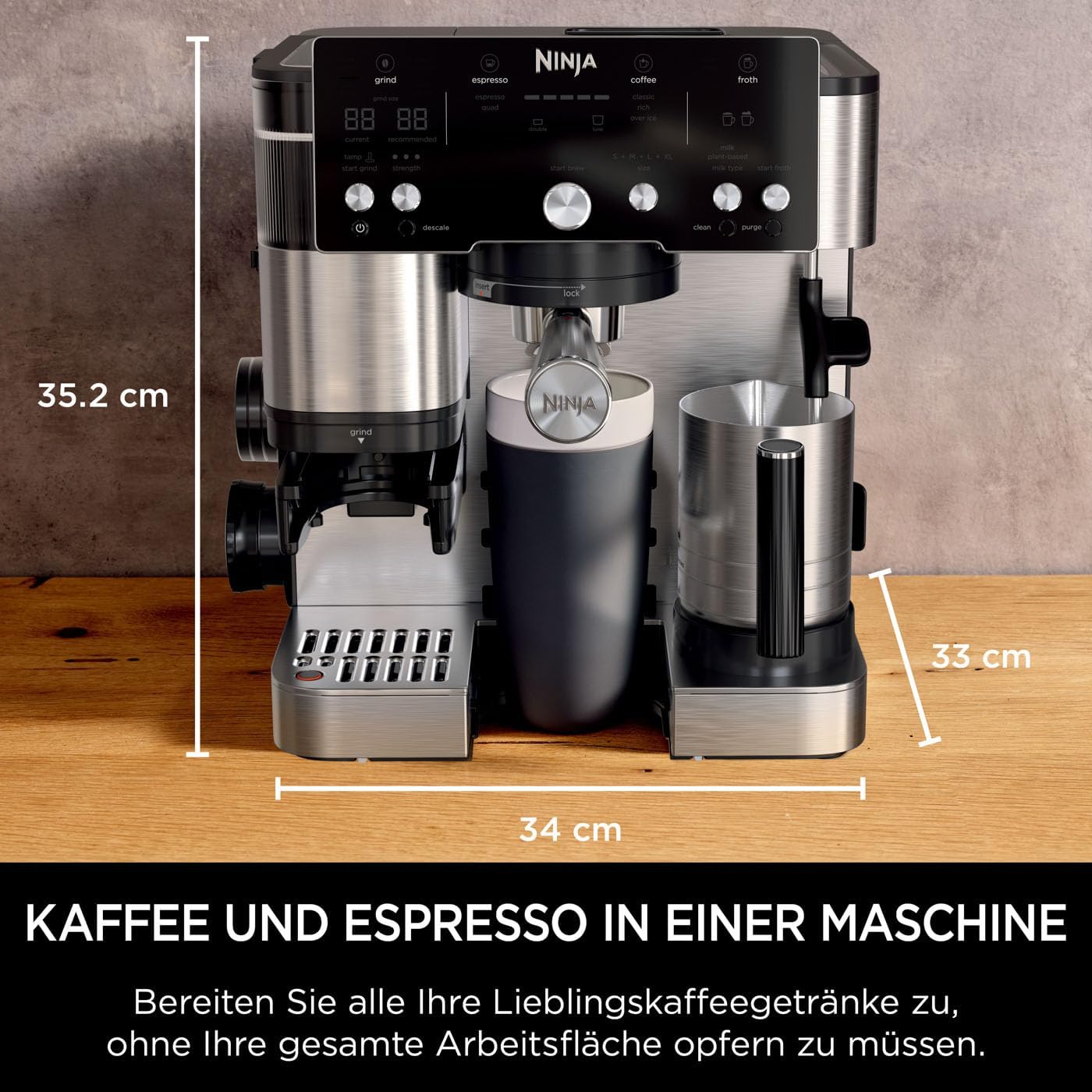 Ninja Luxe Essential Macchina da caffè 2-in-1 con macinacaffè e montalatte per latte, cappuccino ed espresso, facile da usare, 2 impostazioni predefinite per la schiuma, argento, ES501EU