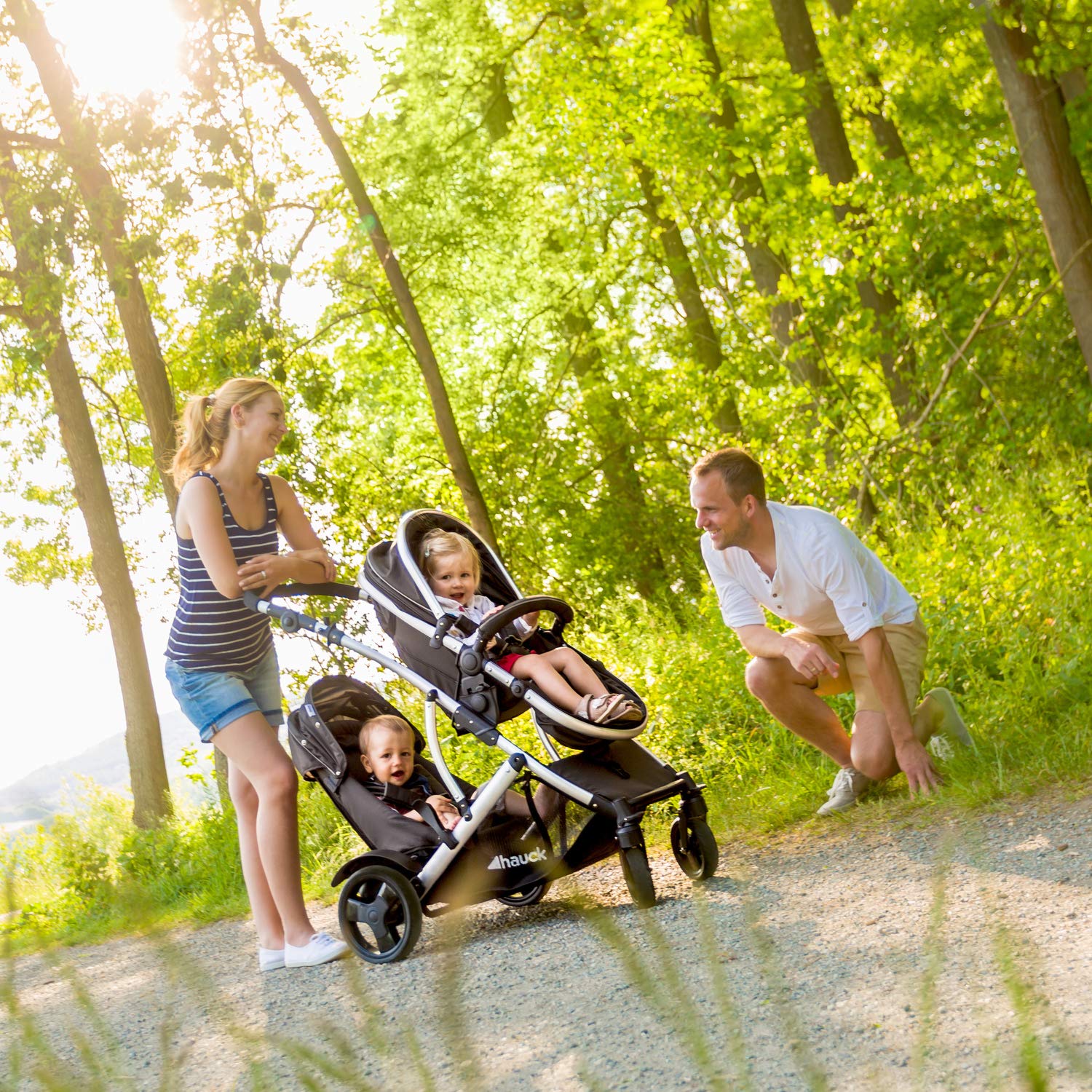 hauck Duett 2 Geschwisterwagen inkl. Regenschutz für Kinder bis je 15 kg, Hauptsitz umbaubar zur Babywanne ab Geburt mit Liegeposition, Zweitsitz Abnehmbar, Höhenverstellbar (Black Forest)