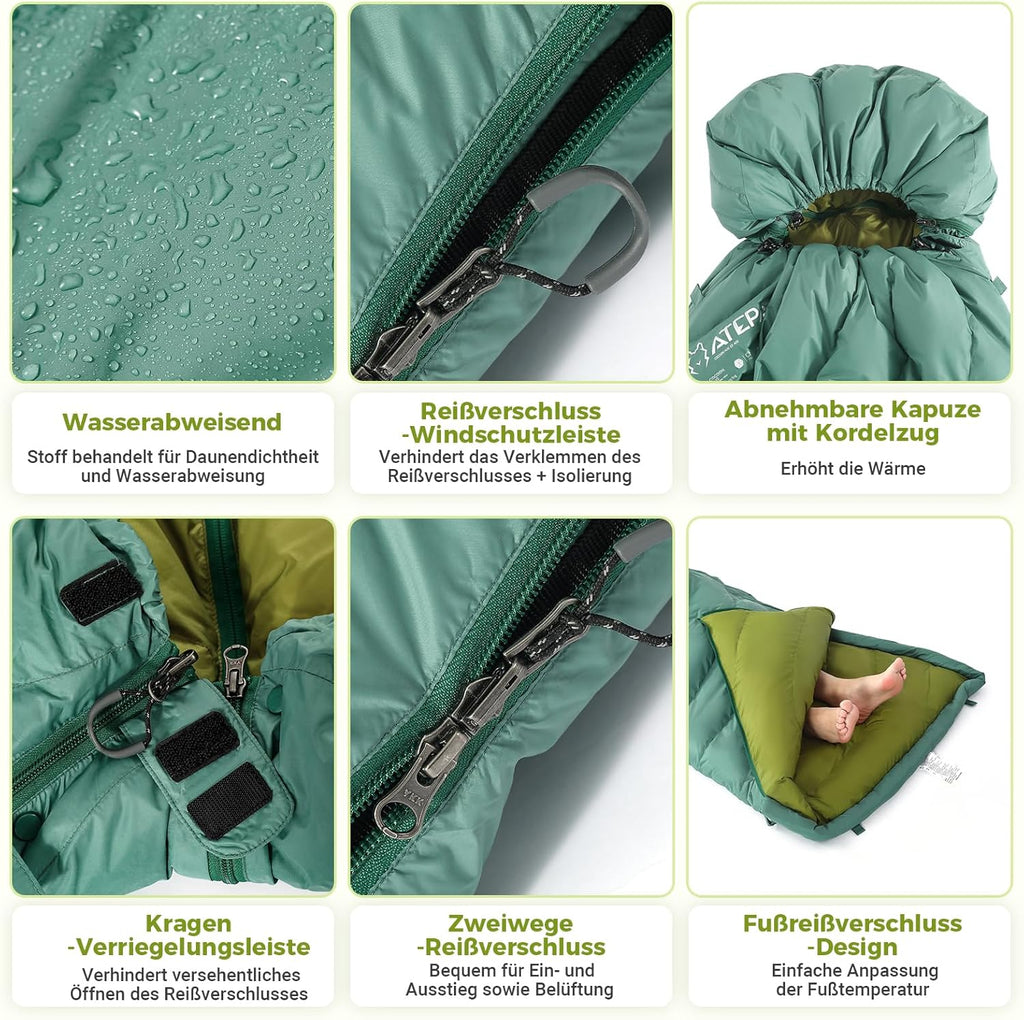 ATEPA Daunenschlafsack Winter Outdoor,Daunenschlafsack, Übergröße Ultraleichter, 3 Jahreszeiten Warm, XXL Leichtgewicht, großartiger Komfort, Ideal für Rucksacktouren Erwachsene Camping, Wandern