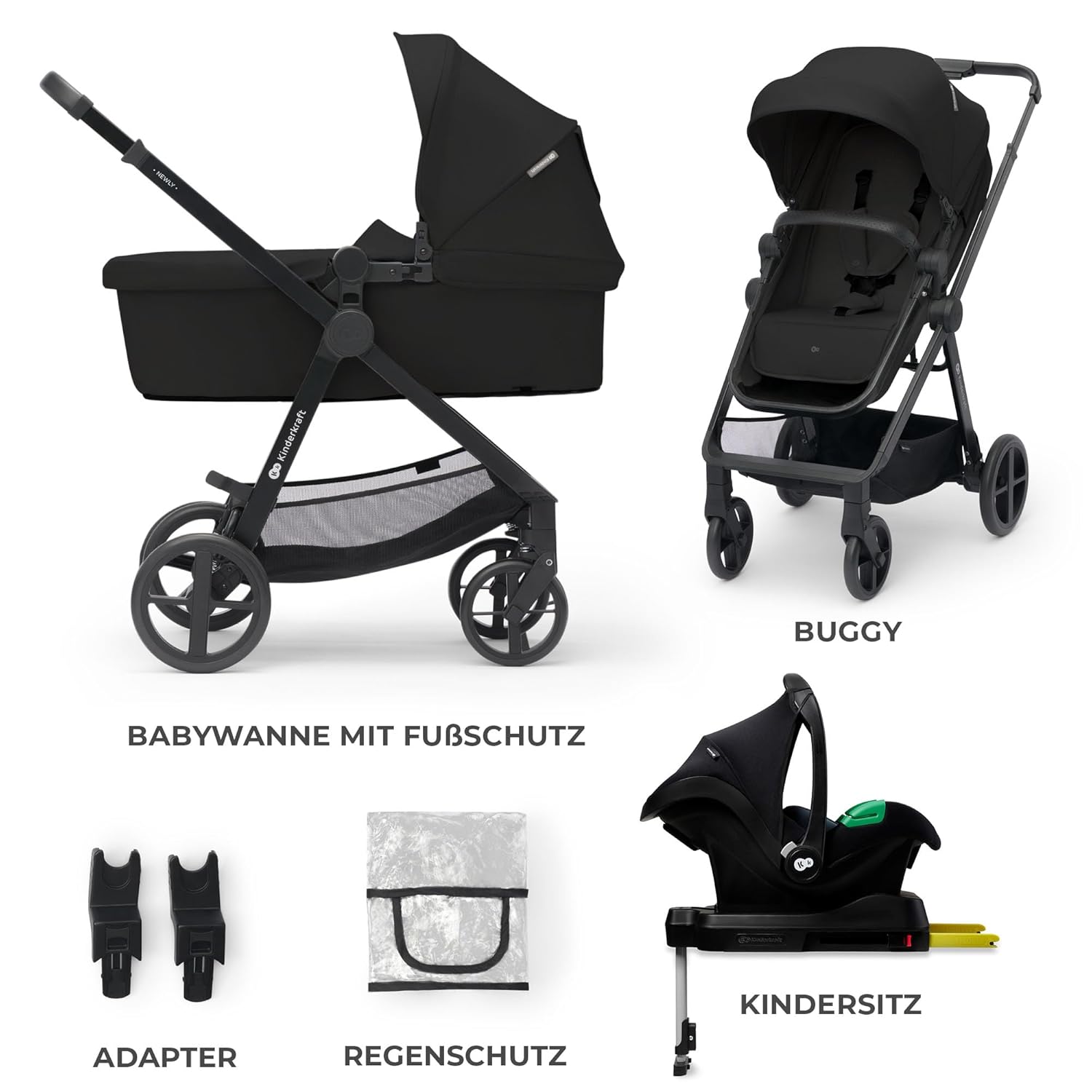 Kinderkraft NEWLY Kinderwagen 3 in 1, Komplettset bis 22 kg, Kindersitz I-Size 40-75 cm im set, Kombikinderwagen mit Fußsack, wasserfestes Verdeck mit UPF50+, Zusammenklappen, Liegeposition, Beige