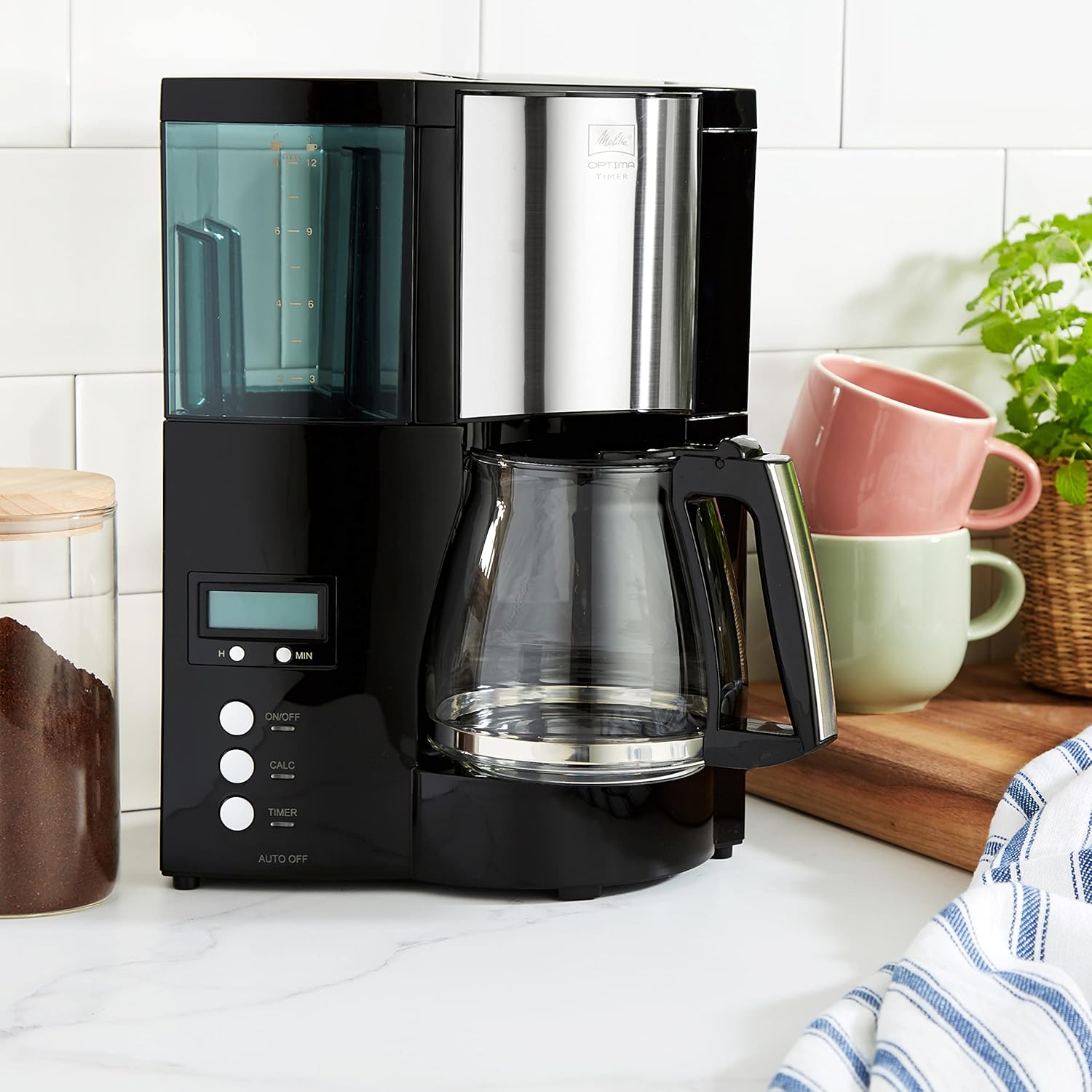 Melitta Optima Timer – Macchina da caffè con timer, macchina da caffè americano con caraffa in vetro e serbatoio dell'acqua rimovibile, per un massimo di 8 tazze di caffè, nero