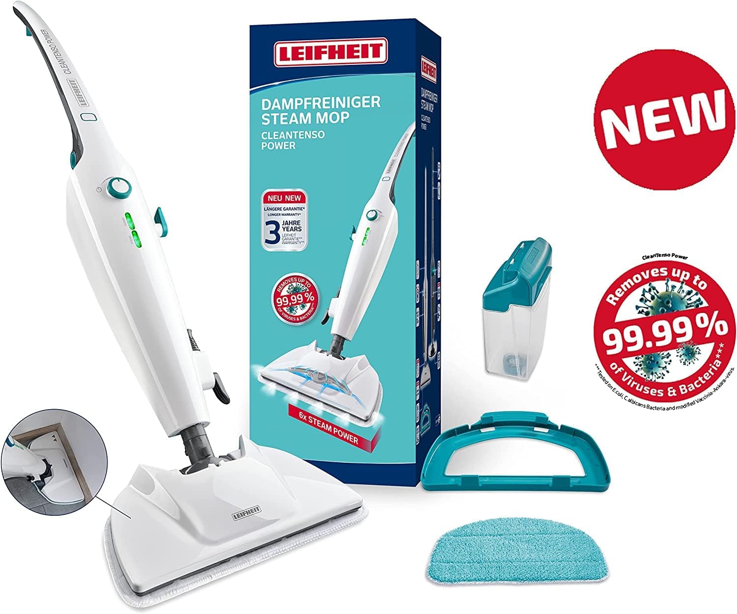 Leifheit Pulitore a vapore CleanTenso Power 2.0 con vapore caldo contro i batteri, Mop a vapore con tempi di riscaldamento brevi e 50 minuti di autonomia, Scopa a vapore per la pulizia degli angoli, Spazzola a vapore dal design moderno