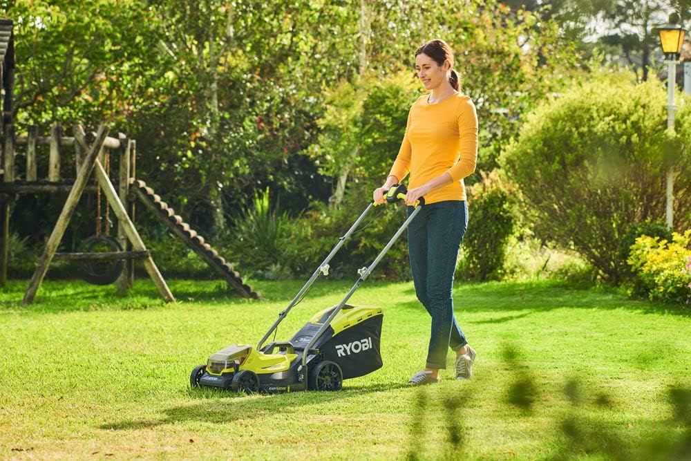 RYOBI 18 V ONE+ Akku-Rasenmäher RLM18X33B40 (Schnittbreite 33 cm, 5-fache Höhenverstellung 25-65 mm, zusammenklappbares Griffgestänge, inkl. Mulchkeil, 35l Grasfangsack, 4,0Ah Akku & Ladegerät)