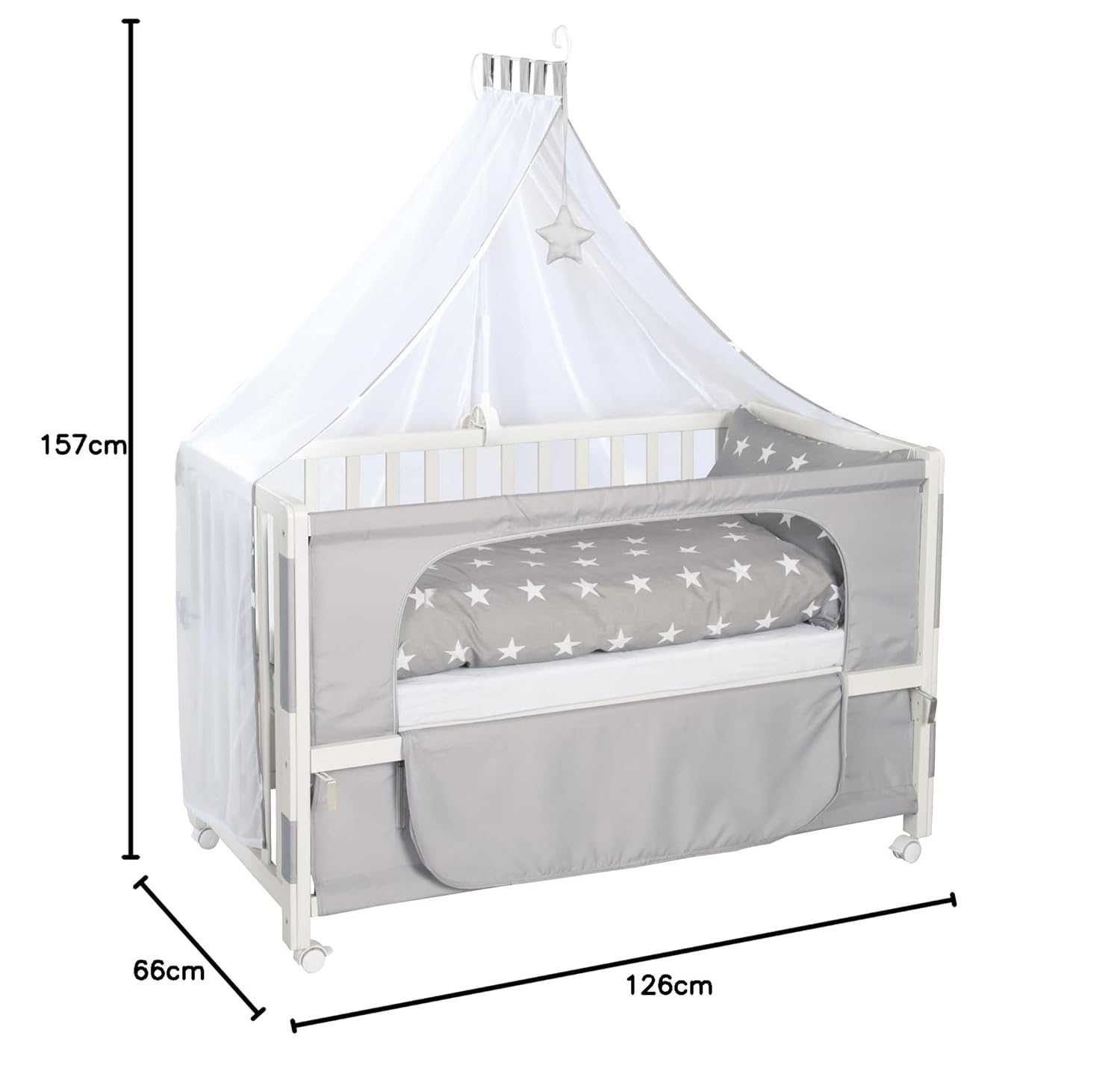 roba Beistellbett 60 x 120 cm - Adam & Eule Room Bed - Babybett zum Anstellen an Elternbett - Inklusive Matratze, Bettwäsche, Himmel - Mobil & Höhenverstellbar - Holz weiß