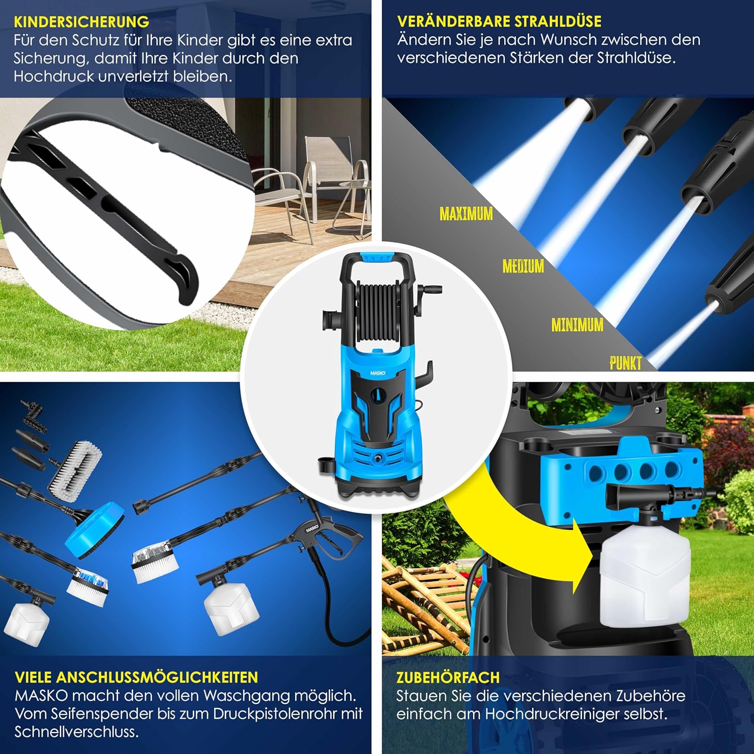 MASKO® Idropulitrice 2200 Watt 165 bar 450 l/h, con avvolgitubo 10m, set accessori 9 pezzi, con serbatoio per sapone e ugello schiumogeno, pistola ad alta pressione per auto/recinzioni/giardino/pati (Grigio)