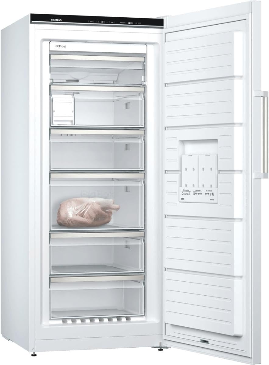 Siemens GS54NAWCV iQ500 Congelatore verticale, 176 x 70 cm, 327 L, NoFrost mai più sbrinamento, bigBox spazio per alimenti di grandi dimensioni, varioZone ripiani e cassetti flessibili in vetro, Bianco