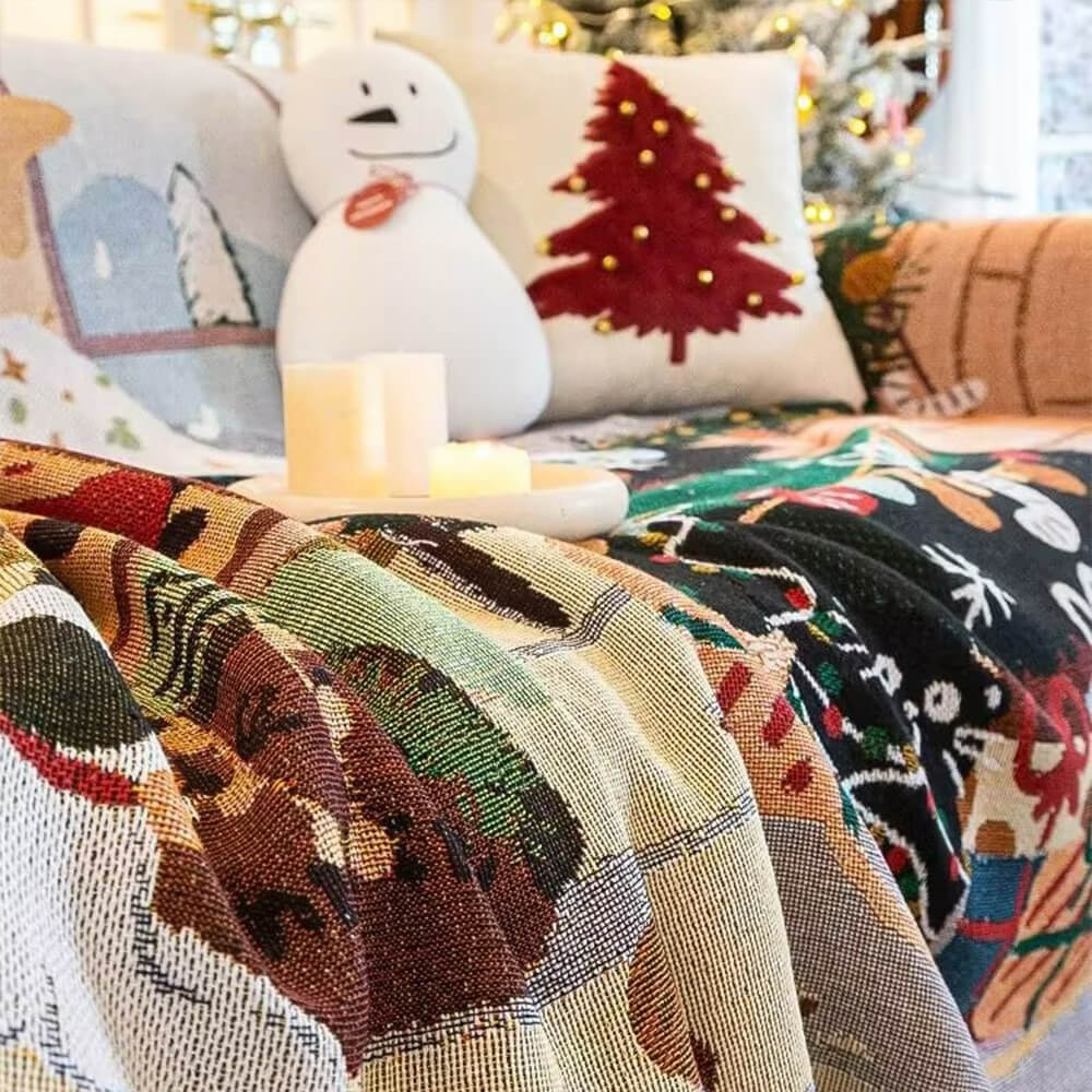 Festlicher Jacquard-Strick Sofabezug mit Weihnachtsdesign für gemütliche Feiertage