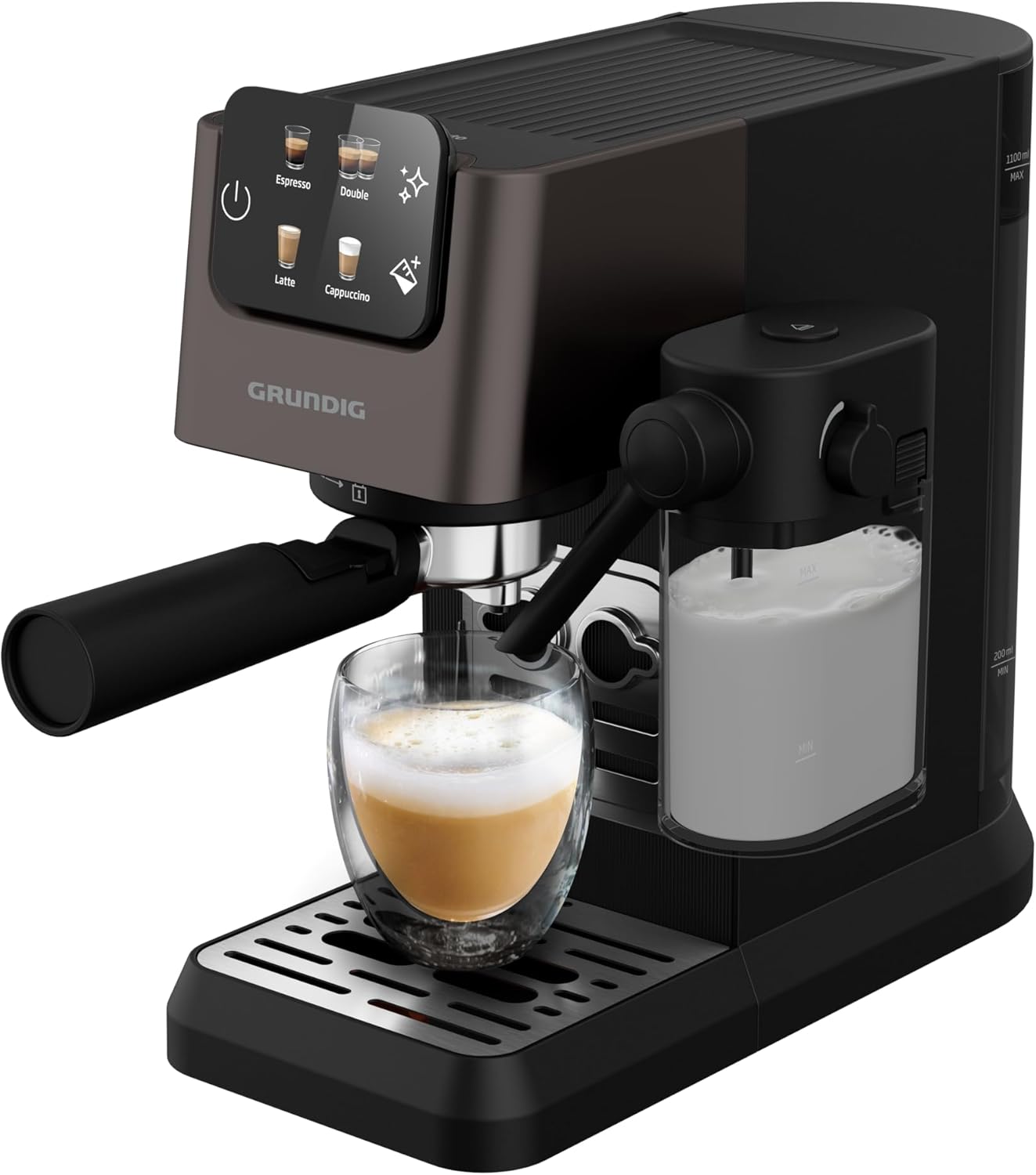 GRUNDIG KSM 5330 Macchina da caffè con portafiltro e contenitore per il latte integrato, 1628 W di potenza, 15 bar di pressione della pompa, ugello doppio, display touch a colori, BrewSense, CreamyPro, Inox scuro/Nero