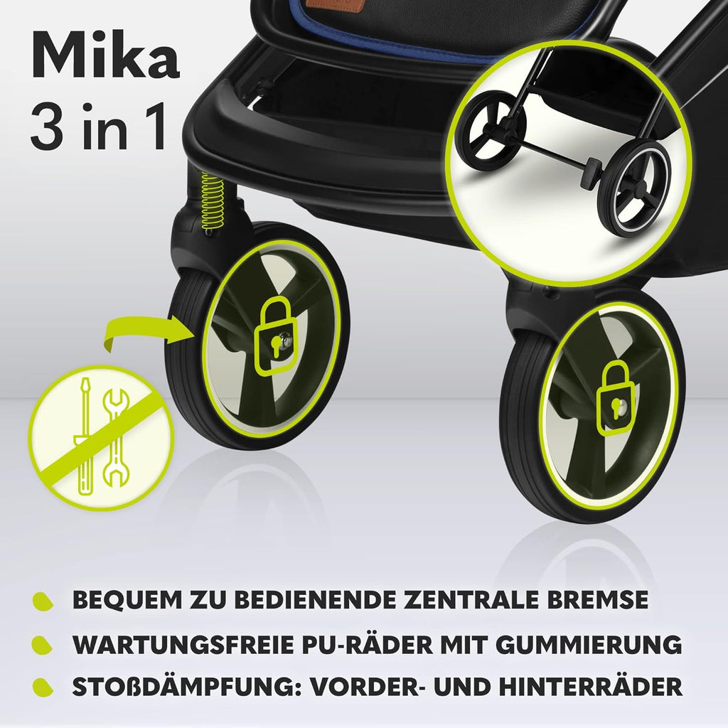 Passeggino LIONELO MIKA PLUS 3-in-1, da 0 a 48 mesi, fino a 22 kg, navicella fino a 9 kg, seggiolino auto fino a 13 kg, schienale regolabile, ammortizzazione, ruote a 360°, cappottina XXL