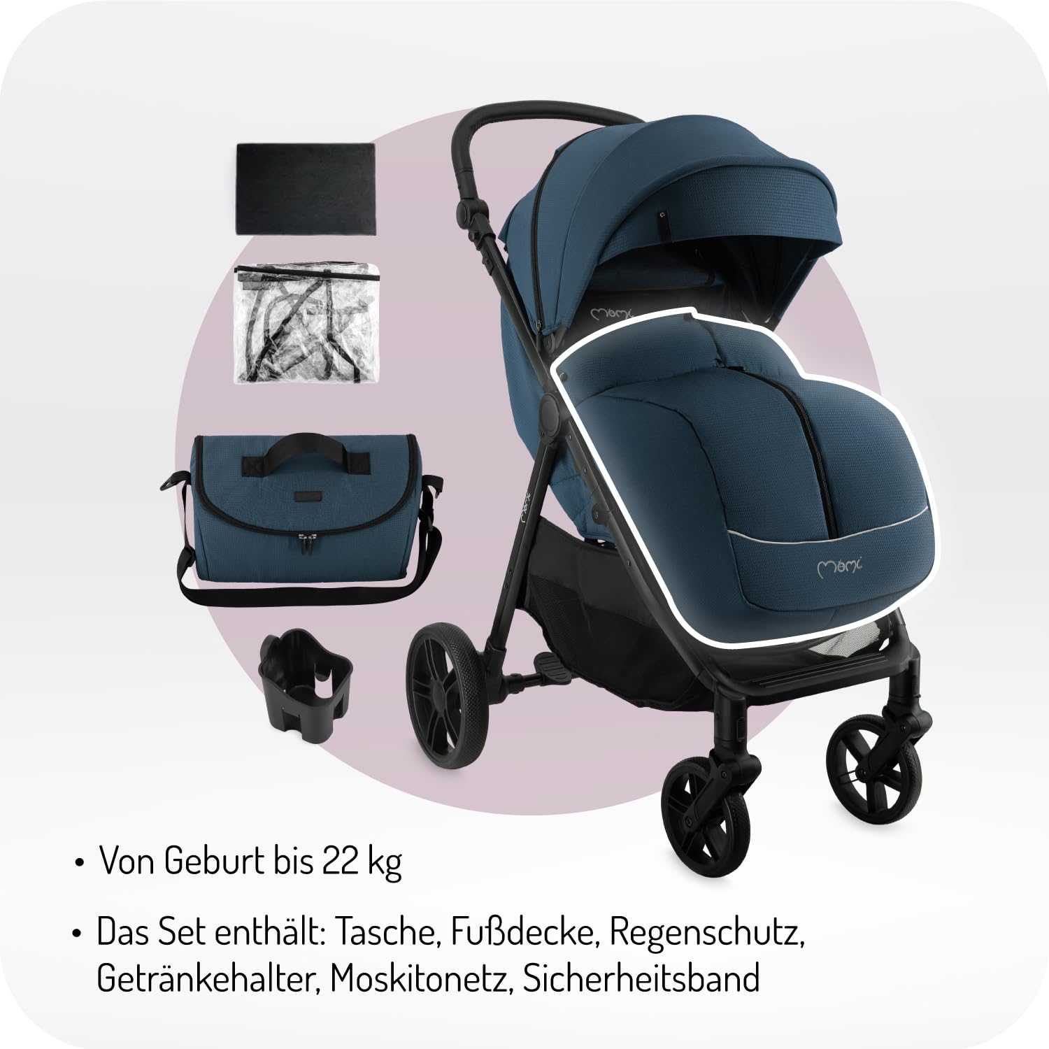 MoMi Passeggino CLARA, Passeggino dai 6 mesi in su, fino a 22 kg di peso corporeo, cintura di sicurezza a 5 punti, sacco coprigambe, portabicchieri, cestino della spesa, borsa per il cambio, zanzariera e parapioggia