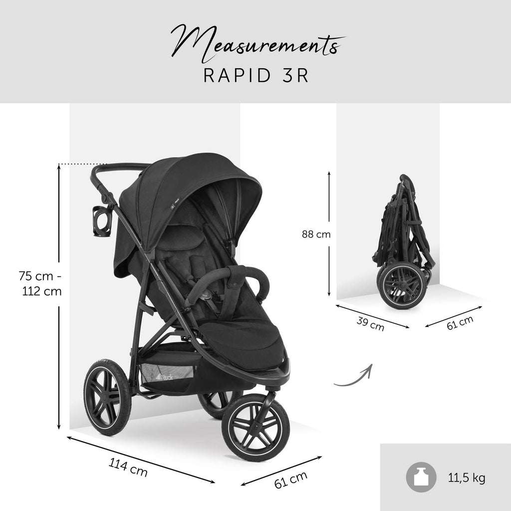 hauck Buggy Rapid 3 Air für Kinder bis 22 kg, Lufträder, Federung, Klein Zusammenklappbar, UV-Schutz 50+, mit Schlaffunktion ab Geburt, Höhenverstellbarer Schieber, Großer Korb bis 3 kg (Black)