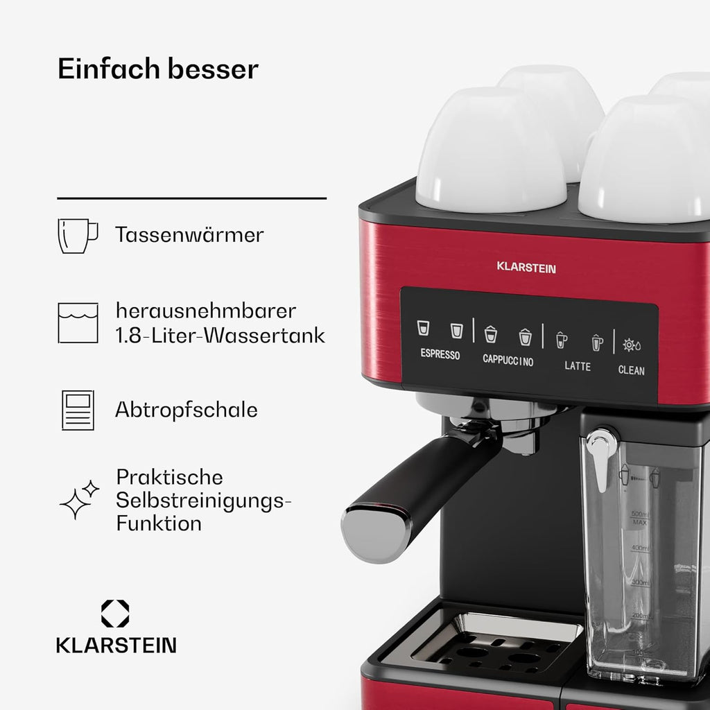 Klarstein Macchina da Caffè Espresso con Lancia Vapore, Macchinetta Caffè con Portafiltro, 1,8 L, 20 Bar, Acciaio Inox, Piccola, Serbatoio Latte 0,5 L, 1350 W, per Caffè in Polvere