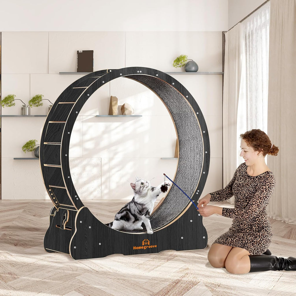 Homegroove Katzen-Laufrad für Indoor-Katze, 101,6 cm groes Katzenlaufrad mit Teppichlaufbahn, Katzenlaufband für lngere Lebensdauer, Katzenrad für Fitness-Gewichtsverlust-Gert, Schwarz (L)