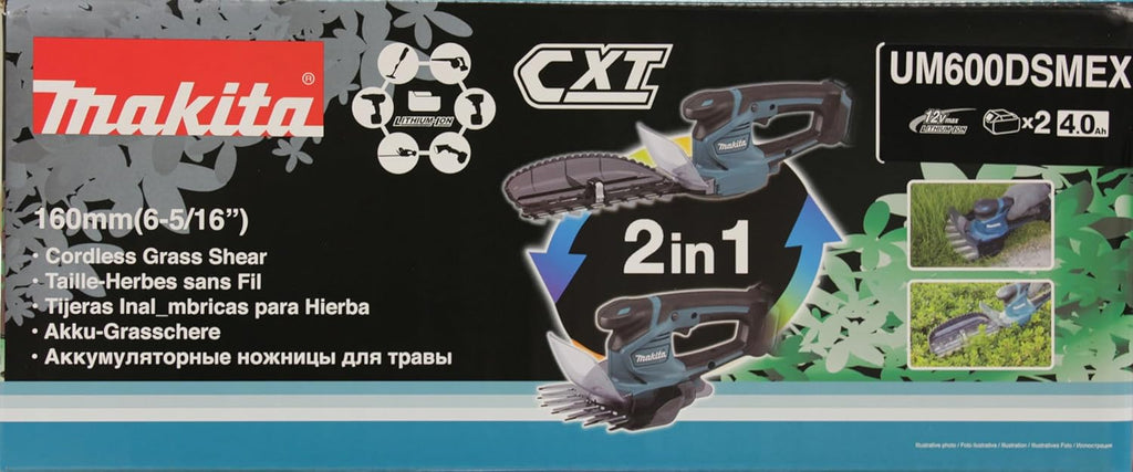 Makita UM600DSMEX Akku-Gras-Strauchschere 12V max, 4,0 Ah, 2 Akkus BL1041B, Ladegerät DC10SB, inklusive Schnittgutsammler