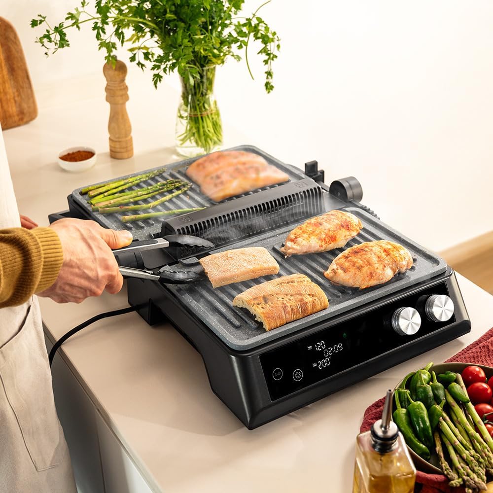 Cecotec Elektrogrill mit abnehmbaren Platten Rockn'Grill Bistro. 2400W, Rauchfreies und gesundes Kochen, Touch-Steuerung, Platten mit unabhängiger Temperaturregelung, inklusive Temperatursonde.