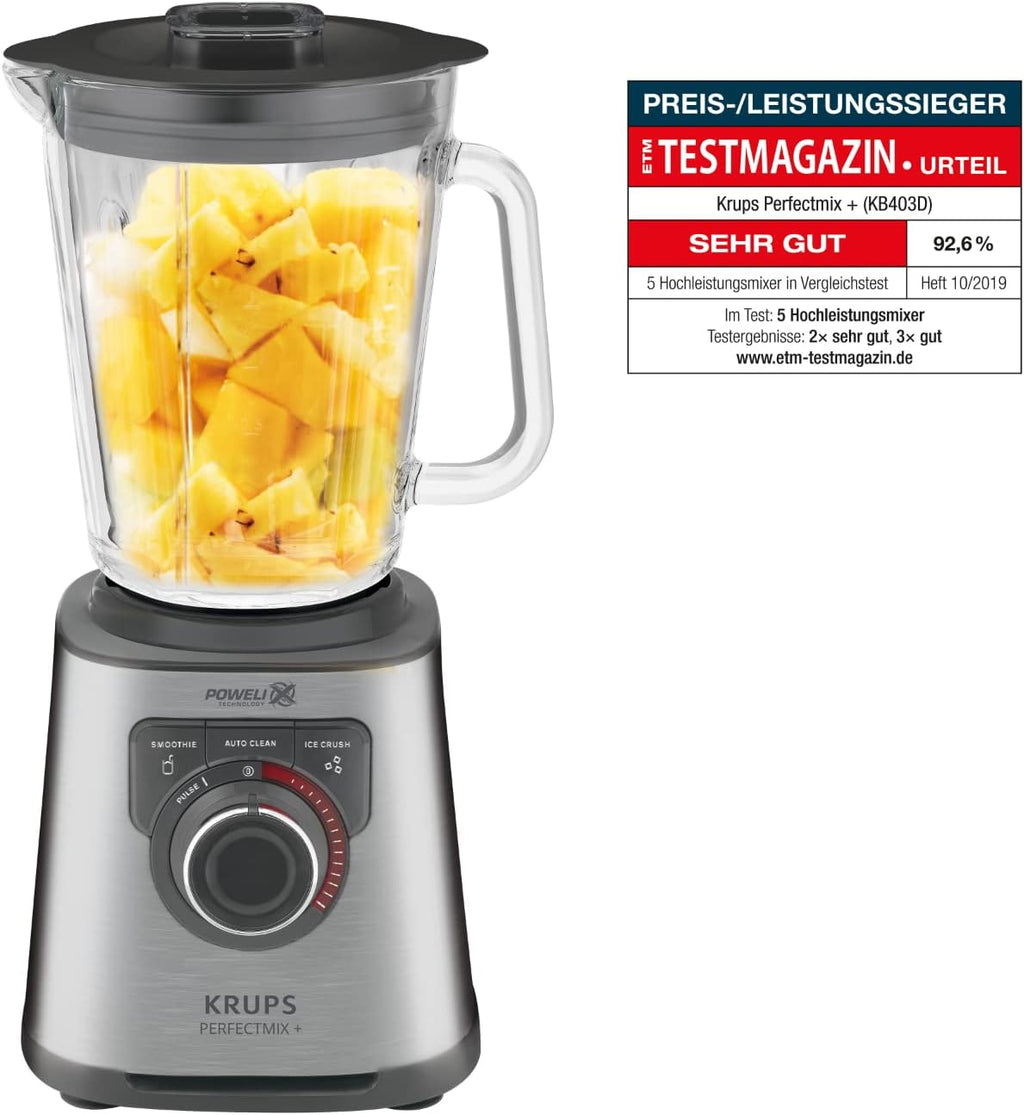Krups KB403D Perfectmix + Hochleistungsstandmixer, 1.200W, 28.000 UpM, 2L Glasbehälter, 3 voreingestellte Programme, Powelix- Technologie, Edelstahl/Dunkelgrau