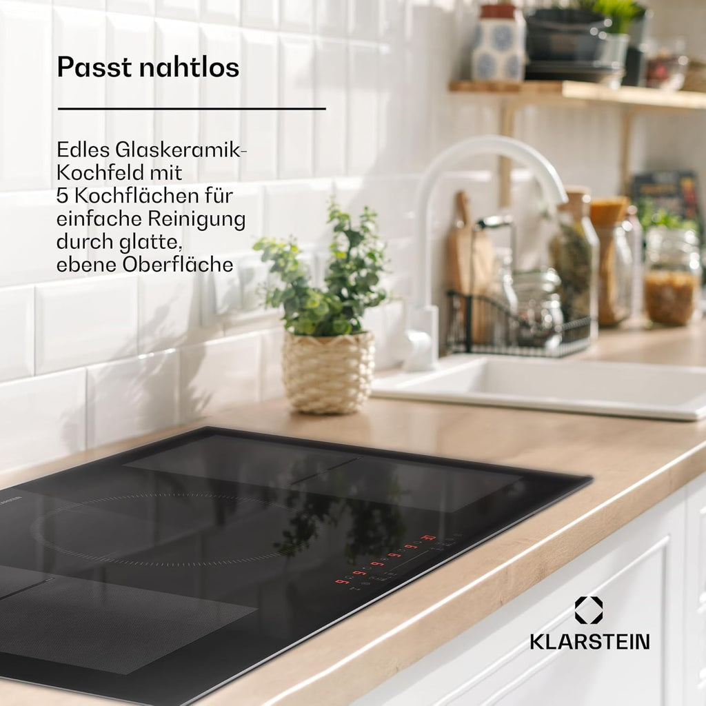 Klarstein Piano Cottura a Induzione, Piano Cottura in Vetroceramica, con 4 Piastre, Incasso con Display Touch, Display Digitale e Funzione Timer, Riscaldamento Veloce, 7000 Watt