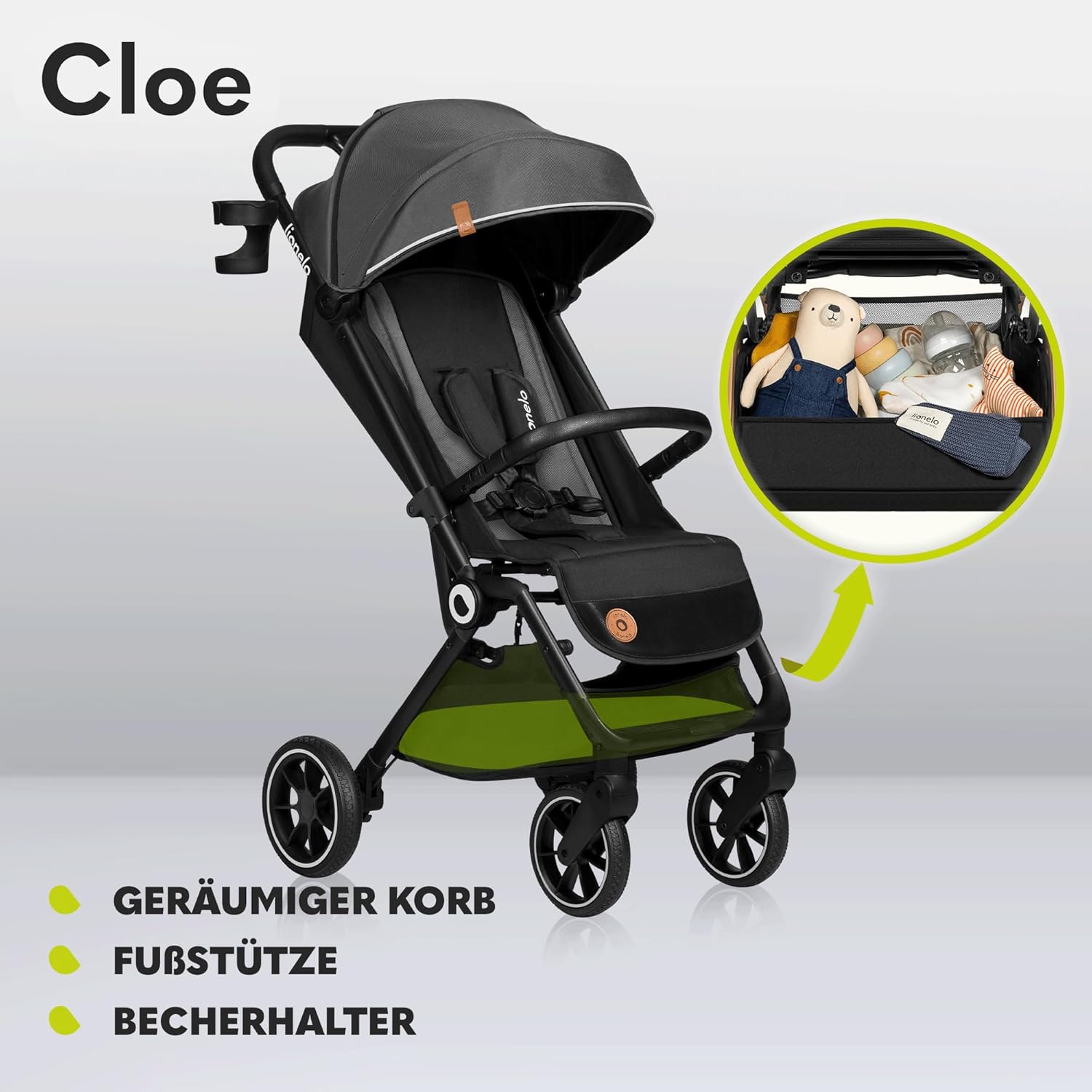 LIONELO Cloe Passeggino Pieghevole fino a 22 kg, Schienale Regolabile Funzione Nanna, Imbracatura a 5 Punti Grandi Ruote Girevoli Zanzariera Porta Bicchieri Leggero Compatto Impermeabile