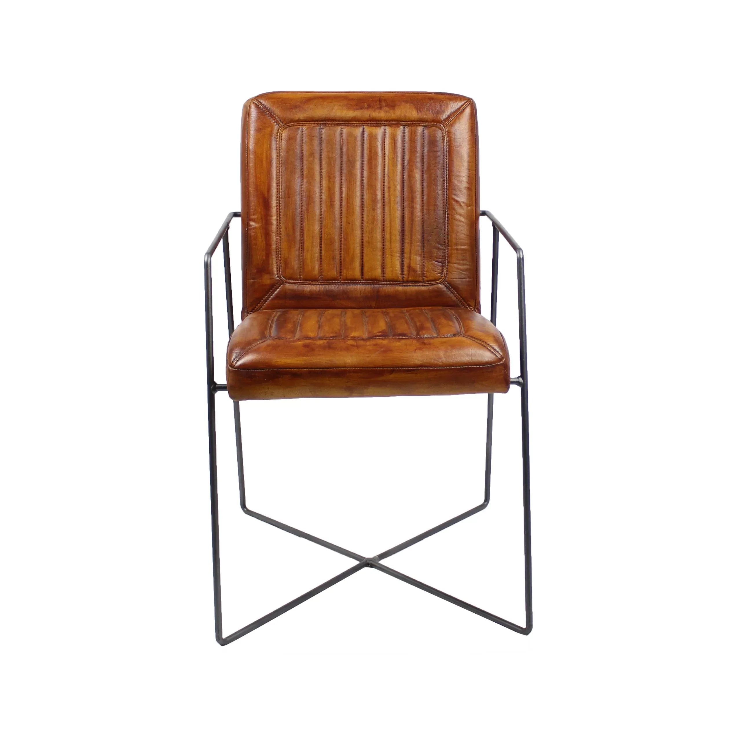 Sedia da pranzo della serie Diner in pelle di bufalo color cognac - Base a croce con braccioli