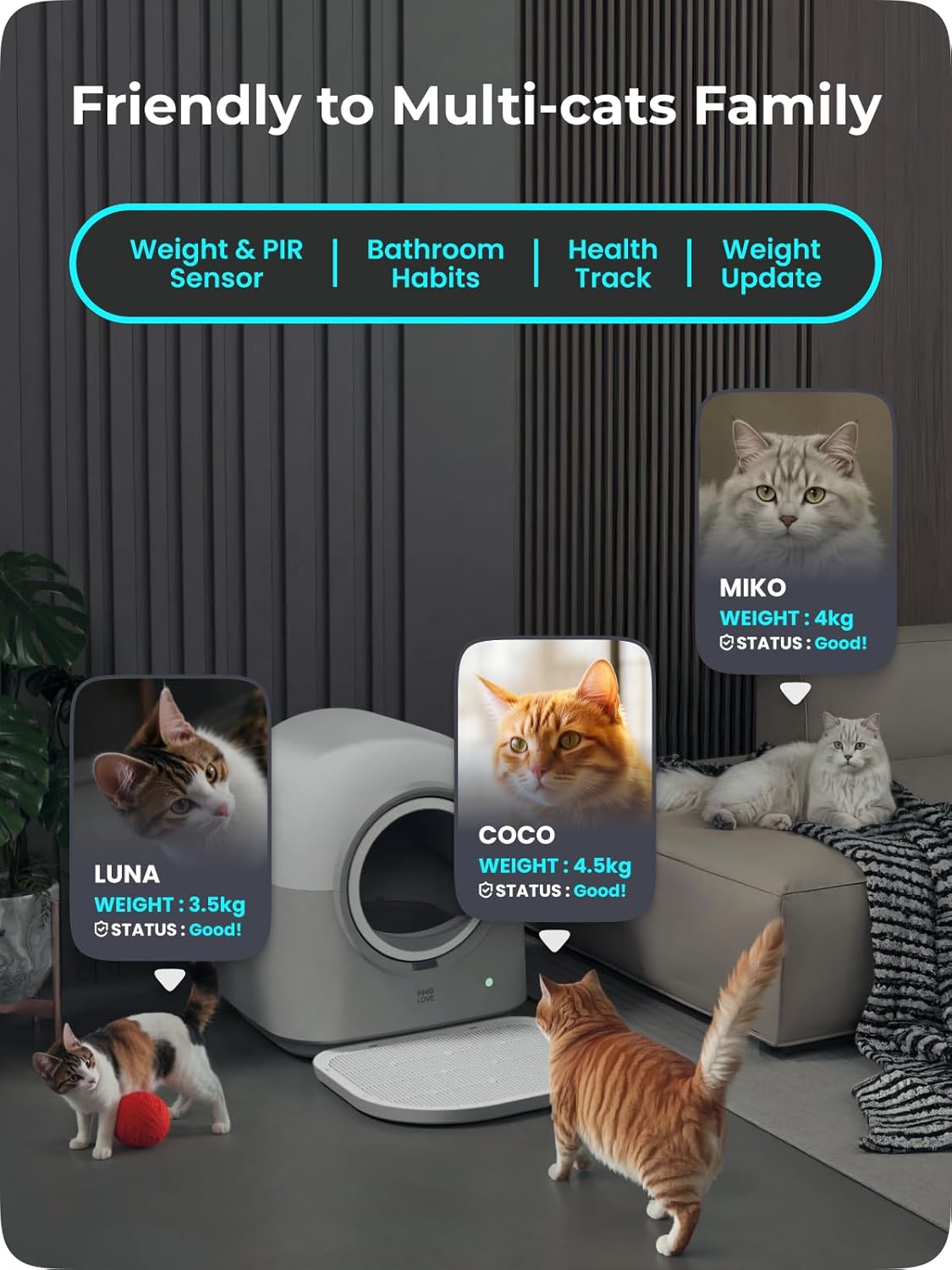 ABRCT Lettiera per gatti autopulente PRO, lettiera autopulente XXL, pesabile, igienica, inodore, controllo tramite APP, grande capacità per più gatti, con tappetino per lettiera
