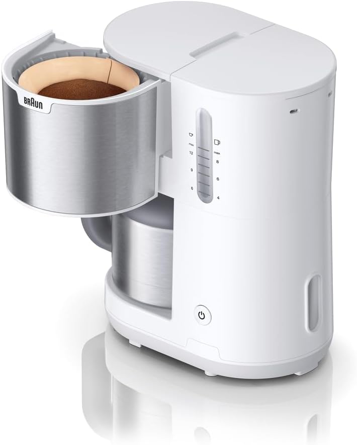 Braun PurShine KF1505 BK Filterkaffeemaschine, 1,2L Edelstahl-Thermokanne für bis zu 9 Tassen, OptiBrew-System, Tropf-Stopp-Funktion, schwenkbarer Filterkorb, Automatische Abschaltung, 1000W, Schwarz