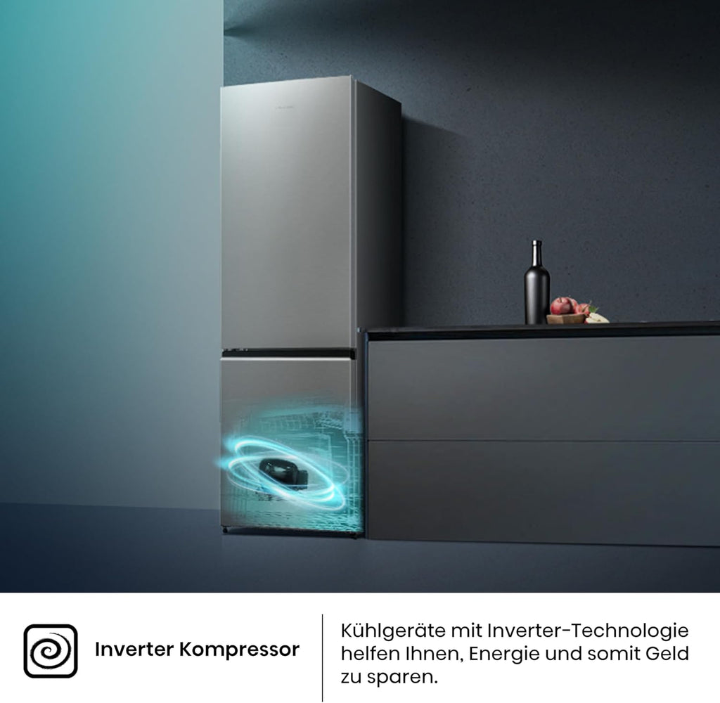 Hisense RB327N4ADD Frigorifero Combinato, Classe Energetica D, Total NoFrost, Porta Reversibile, Griglia Portabottiglie, Vano Frigo 171 Litri, Vano Congelatore 85 Litri, Look Acciaio Inox