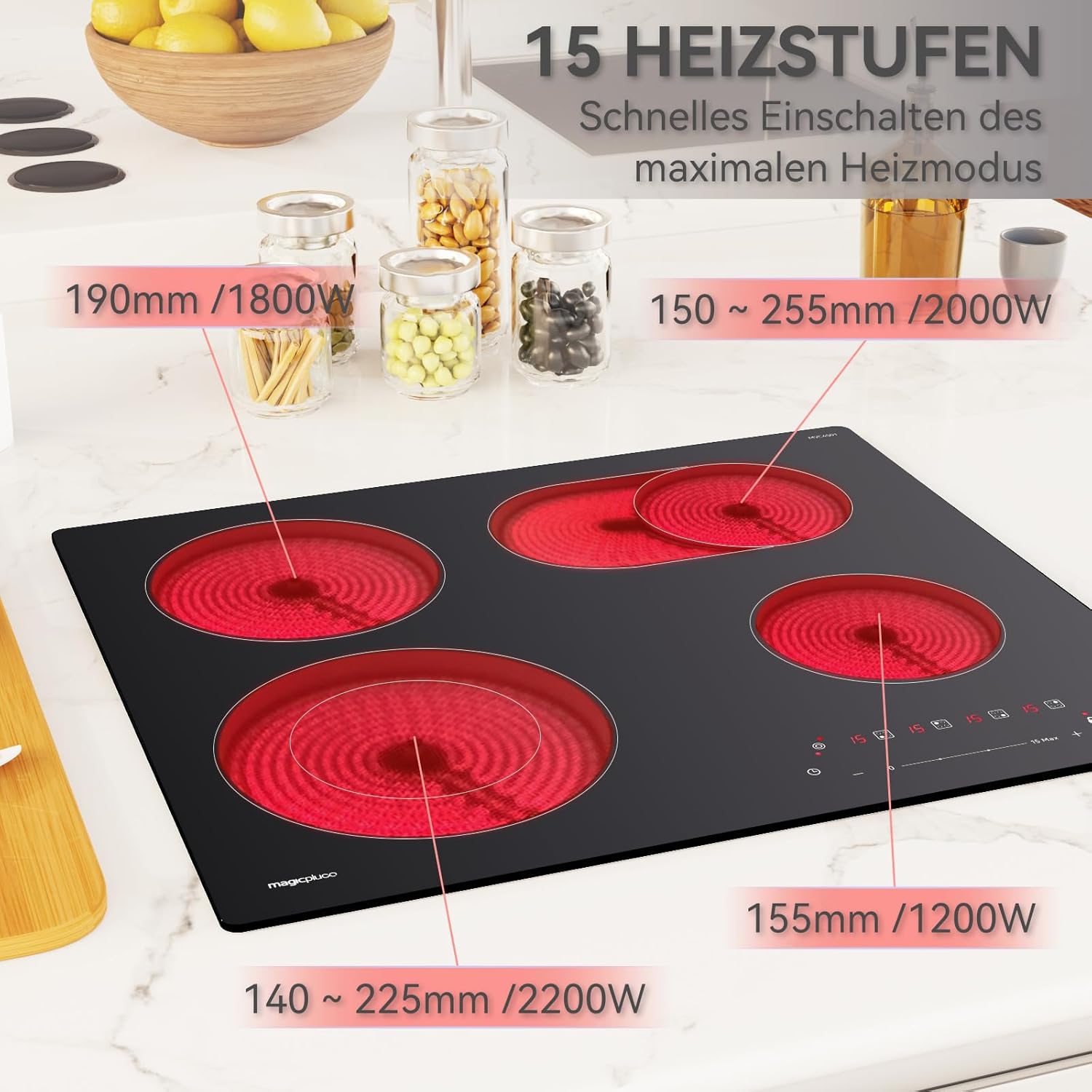 Piano cottura a induzione magicplux 60 cm, 4 zone di cottura a induzione con due zone flessibili, 9 livelli di potenza e funzione booster, timer 1-99 minuti, 7200 W