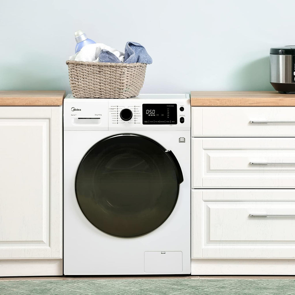 Lavasciuga Midea MF200D86WB-14EAS, 8/6kg lavaggio/asciugatura, Motore Inverter, Refresh, 60 min. Lavaggio e Asciugatura, Steam Care, Turbo Wash, 48 cm profondità, Controllo APP, AquaStop